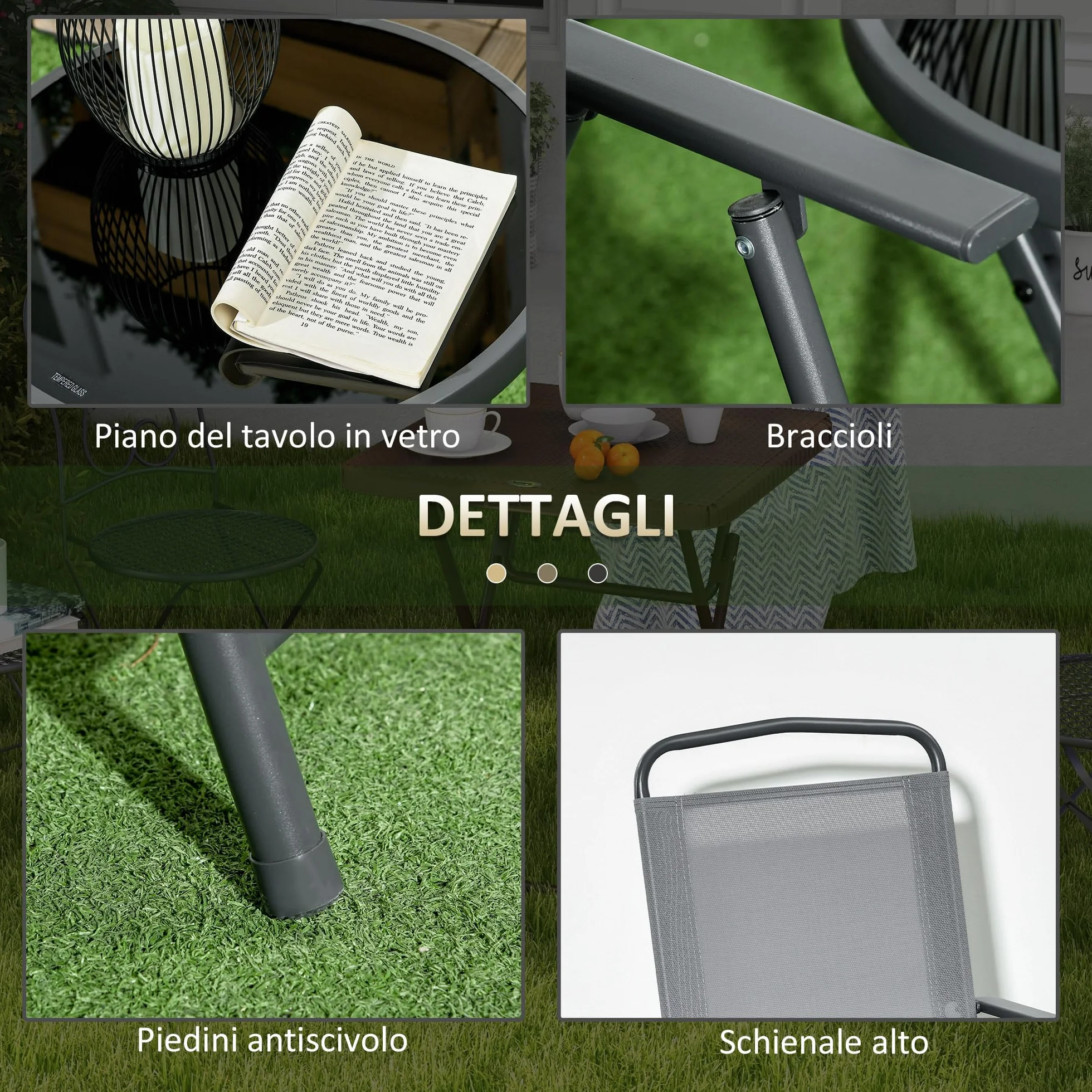 Outsunny Set da Giardino 3 Pezzi con Sedie e Tavolino Pieghevoli in Metallo e Vetro Grigio Chiaro per Patio