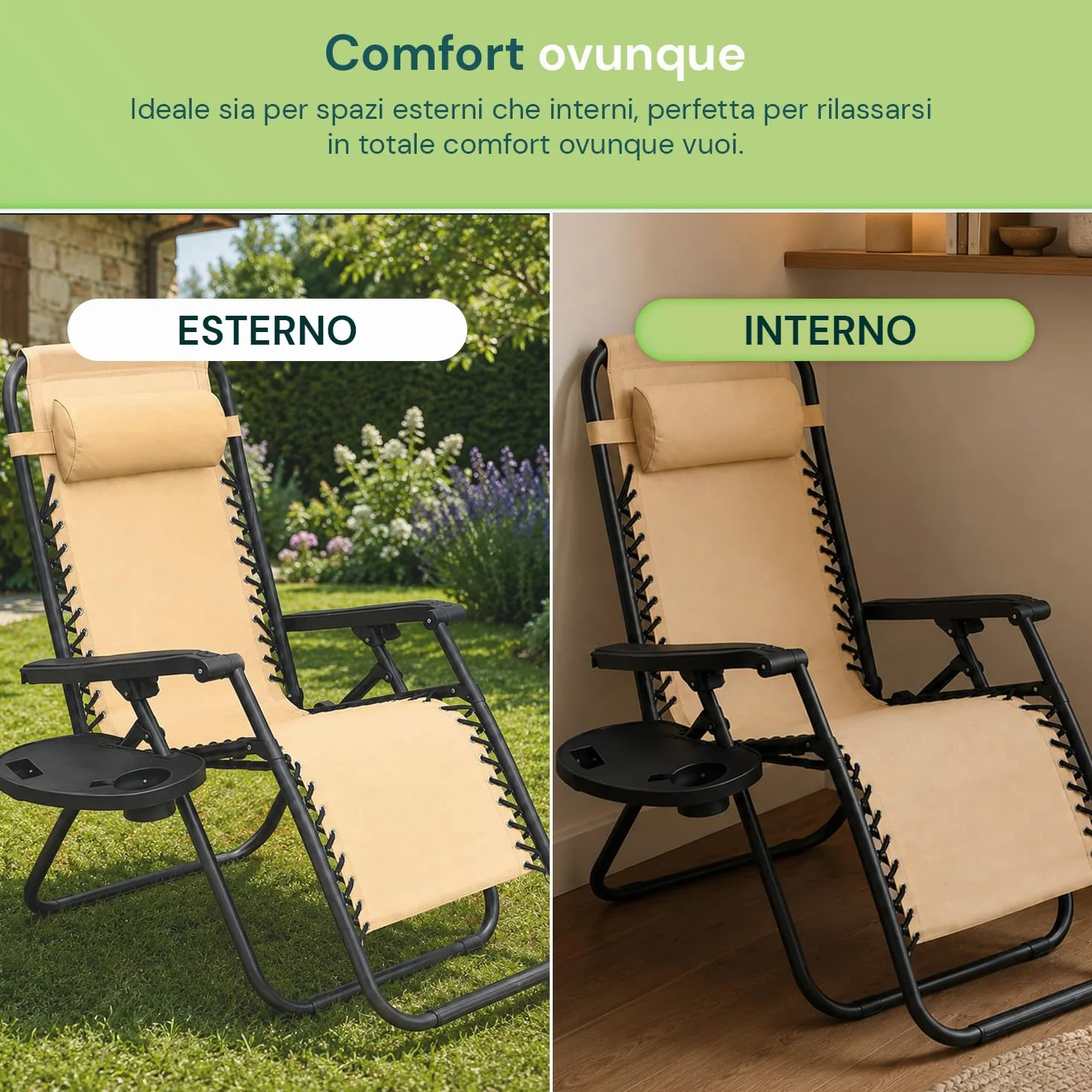 Avilia - Sedia da Giardino Pieghevole con Vassoio Laterale Portabevande – Ferro, Seduta Teslin, 120 kg | Sedia Giardino Pieghevole Reclinabile, L65×P87/176×A108/80 cm, Facile da Pulire