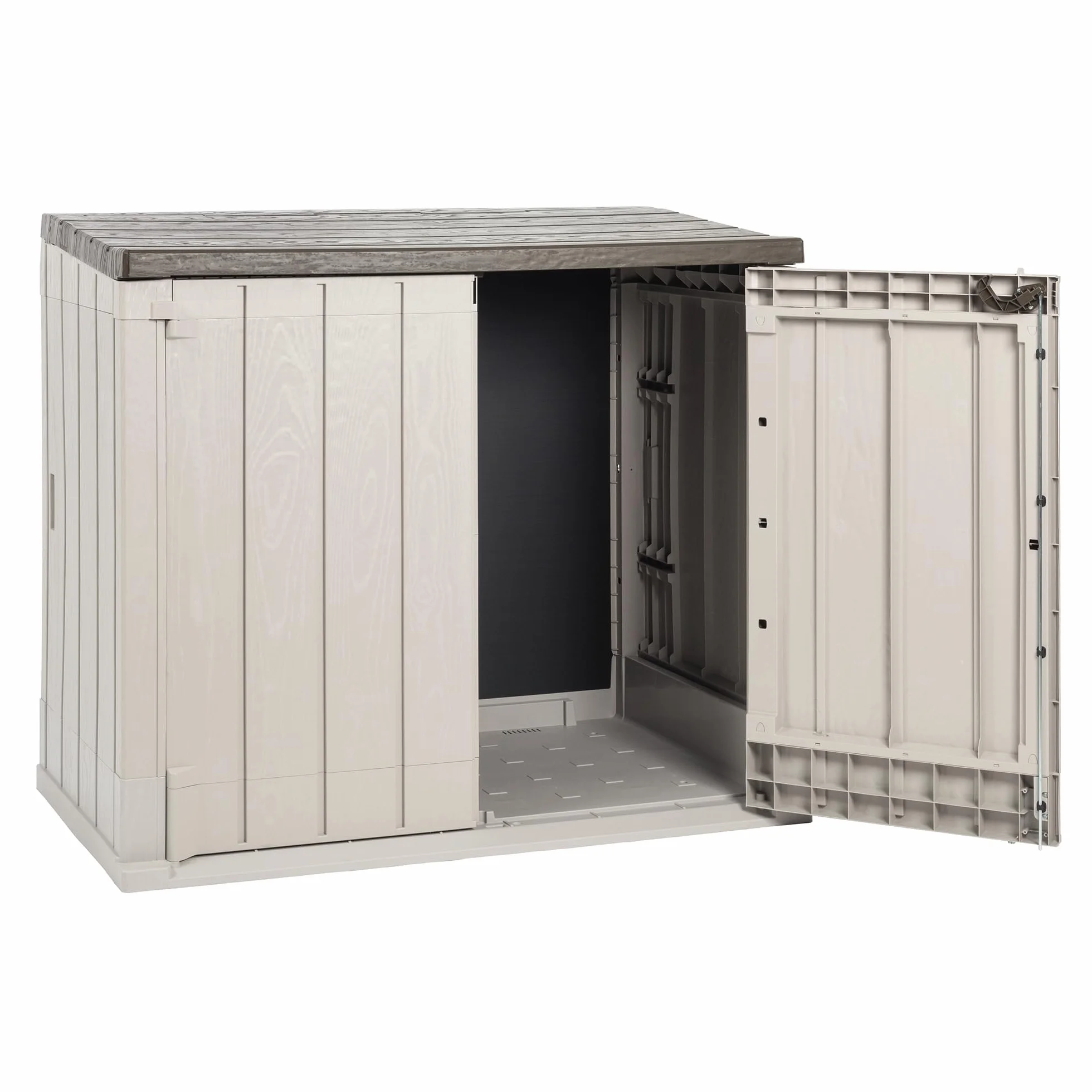 Toomax Storer Plus XL Baule da 1270L portattrezzi giardino, 145x85x124,5h cm effetto legno grigio talpa/marrone, porta bidoni spazzatura con coperchio assistito, resistente ai raggi UV, per esterni