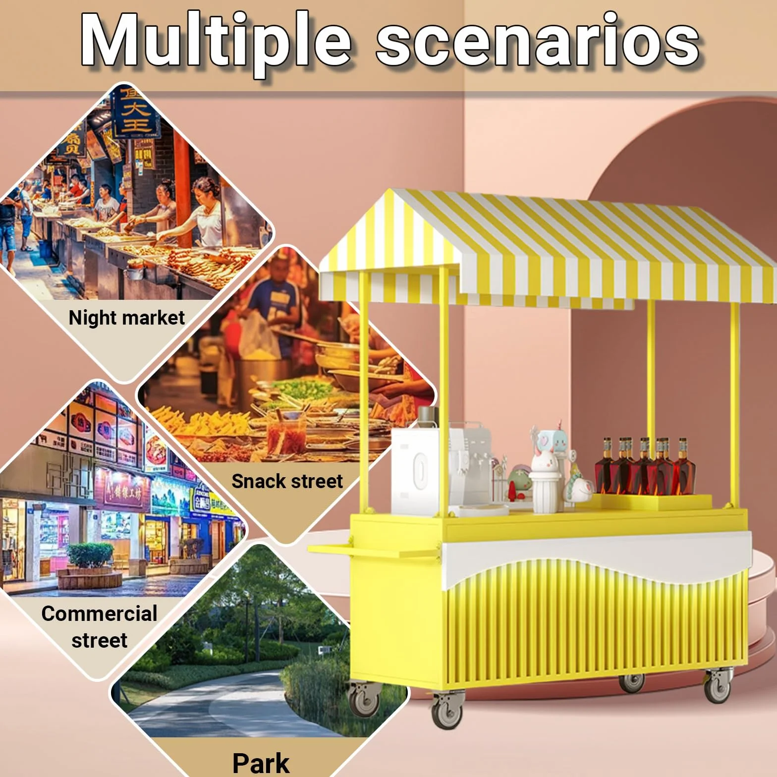 Carrello portatile pieghevole con tenda per vendita snack, dolci e giocattoli per mercatini e fiere