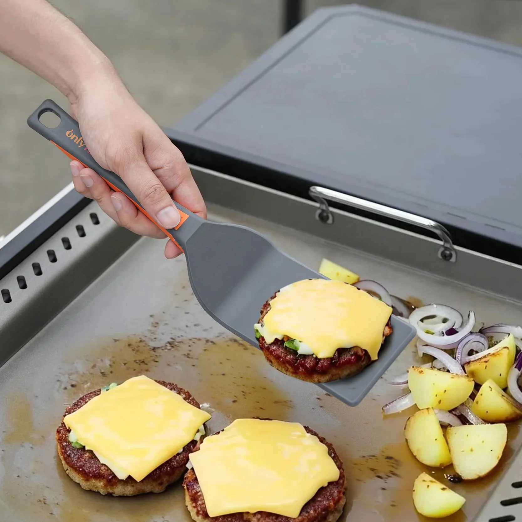 Onlyfire Kit Accessori per Griglia Barbecue in Nylon, 2 Spatole per Piastra, Pala per Piastre e Pinza da Cucina, Utensili per Barbecue e Cottura All'aperto, Lavabile in Lavastoviglie