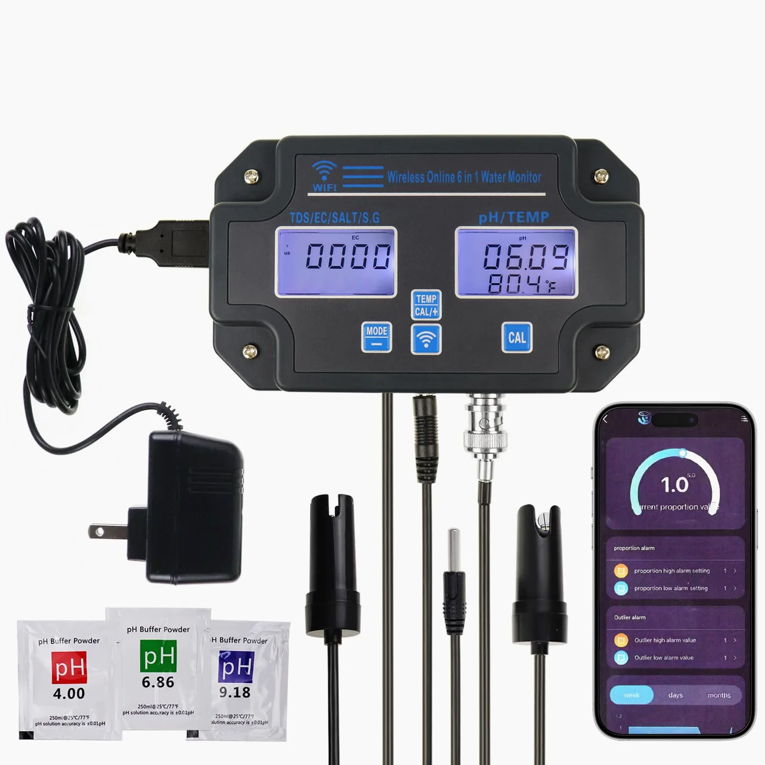 6 in 1 Multiparametro Tester del pH: pH/EC/TDS/Sale/SG/Temperatura con Senza fili Wi-Fi Monitoraggio attraverso Mobile APP Facile 3 Punti Calibrazione per Stagni per pesci, Acquari, Coltura Idroponica