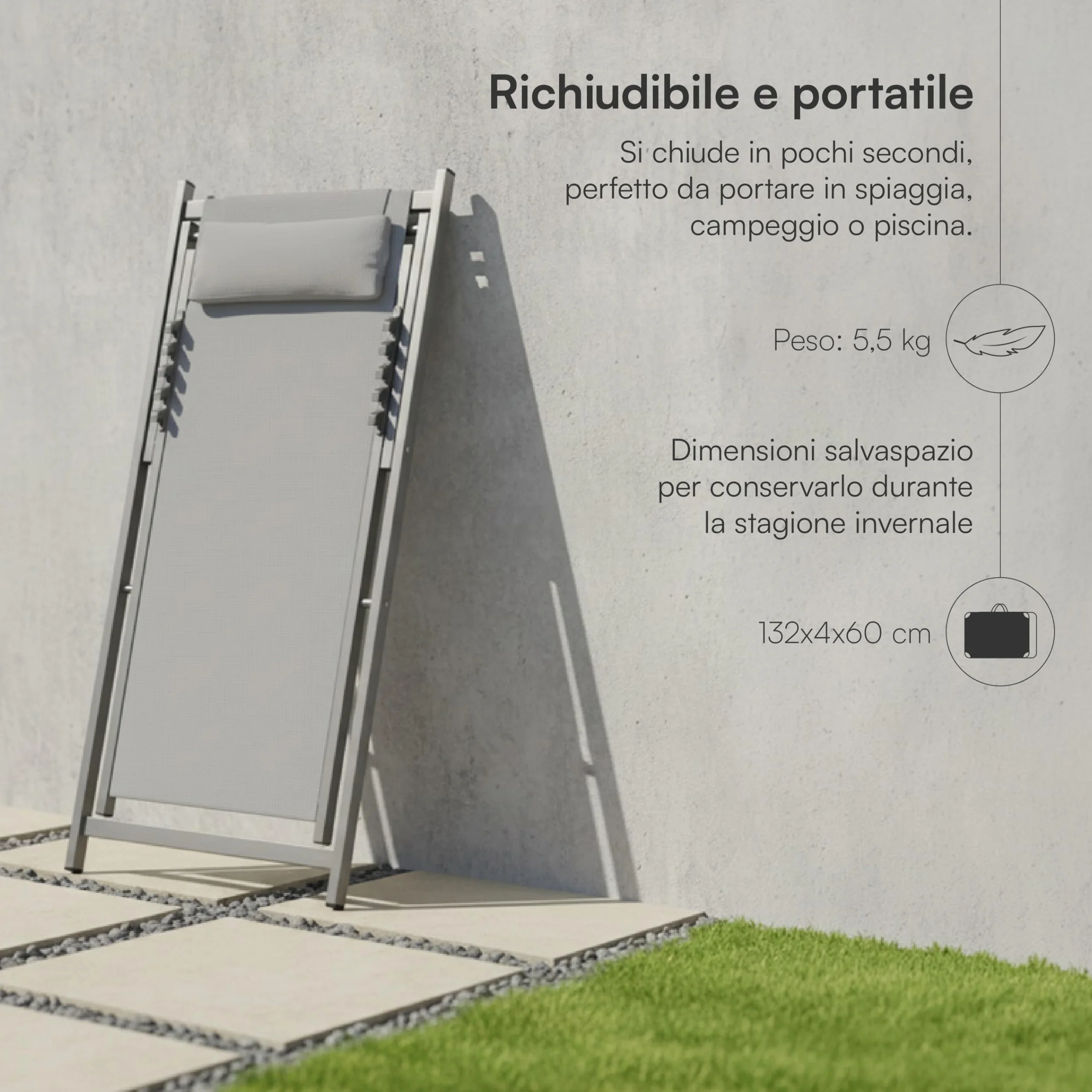 Baroni Home Sdraio da Giardino Pieghevole Reclinabile 60x97x92 cm Grigio