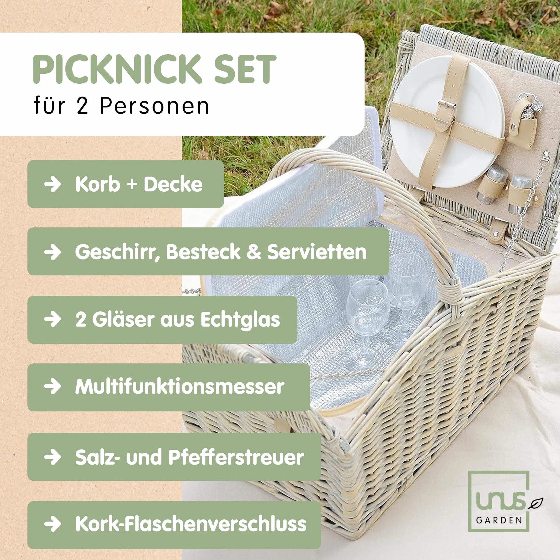 Set da picnic per 2 persone con cestino termico, coperta 135x115 cm, posate e stoviglie, grigio e beige