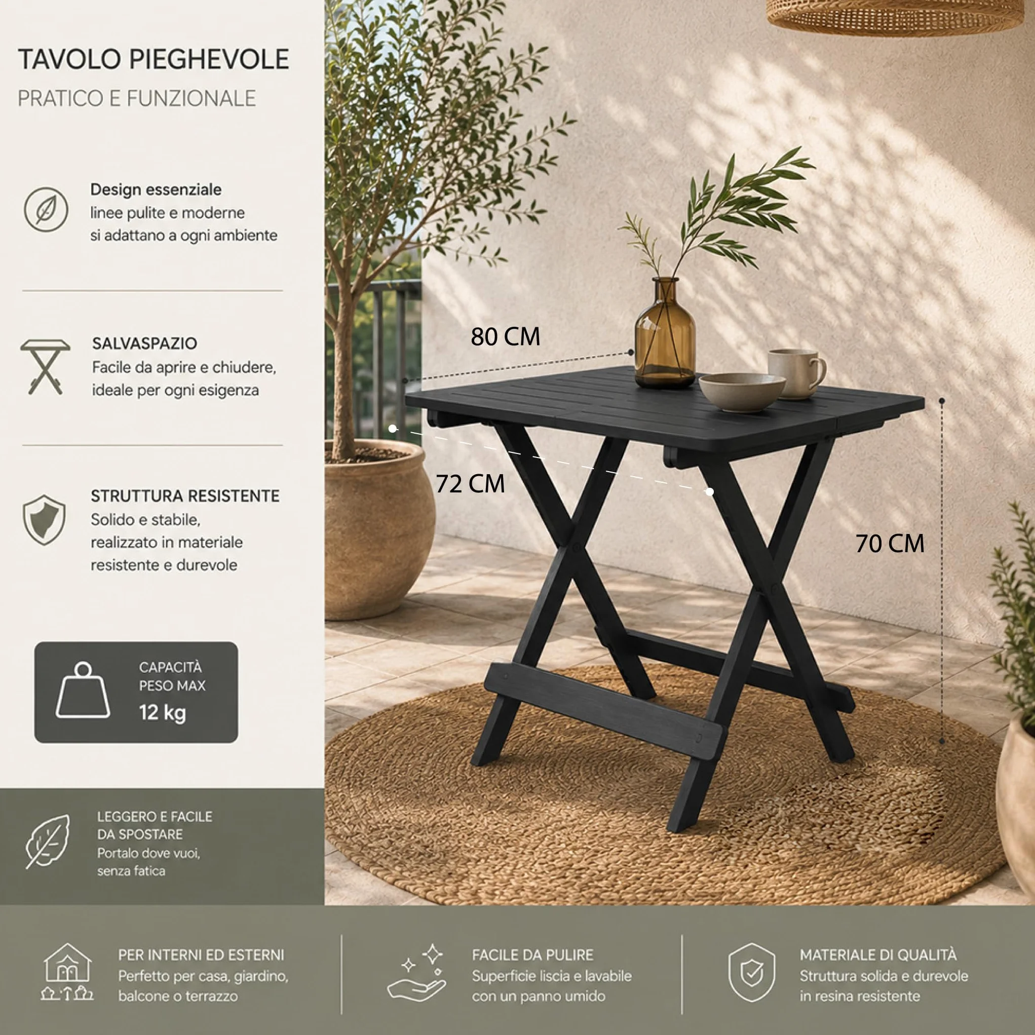 Tavolo da Giardino in Plastica Pieghevole Antracite 80x72xh70 cm Maury