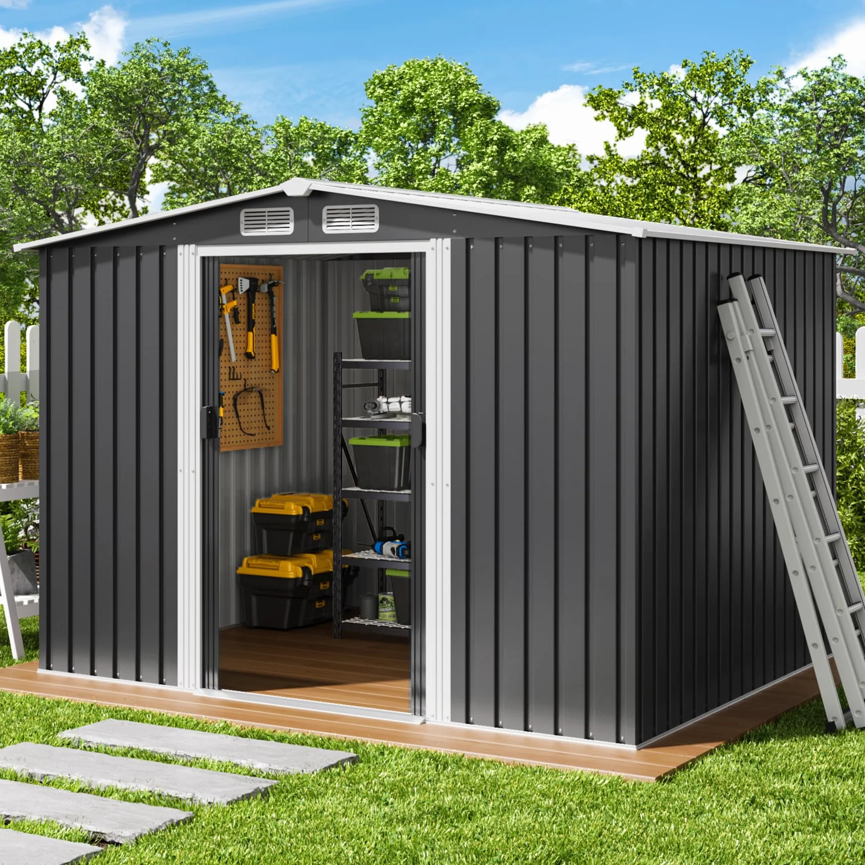 Xbro Capanno per Attrezzi in Metallo 5㎡, Casetta da Giardino da Esterno con Tetto Spiovente e Porta Scorrevole, Serratura, 247x193x179 cm
