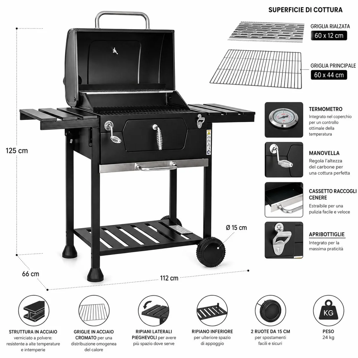 MasterCook BBQ Carbonella con Doppia Griglia Coperchio Termometro Professionale Acciaio