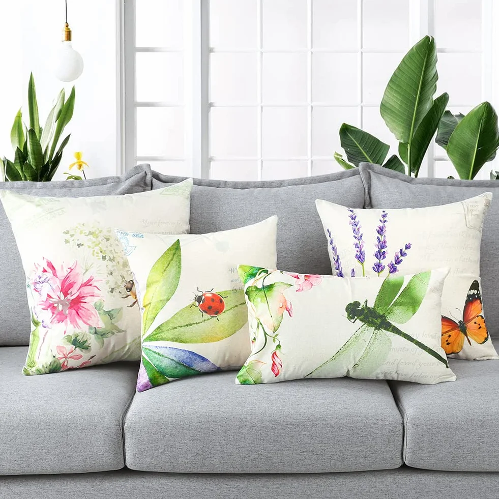 Artscope, confezione da 4 federe per cuscini impermeabili da 30x51 cm, decorative, per primavera, per esterni, patio, giardino, soggiorno, divano, decorazione rustica (insetti e piante)