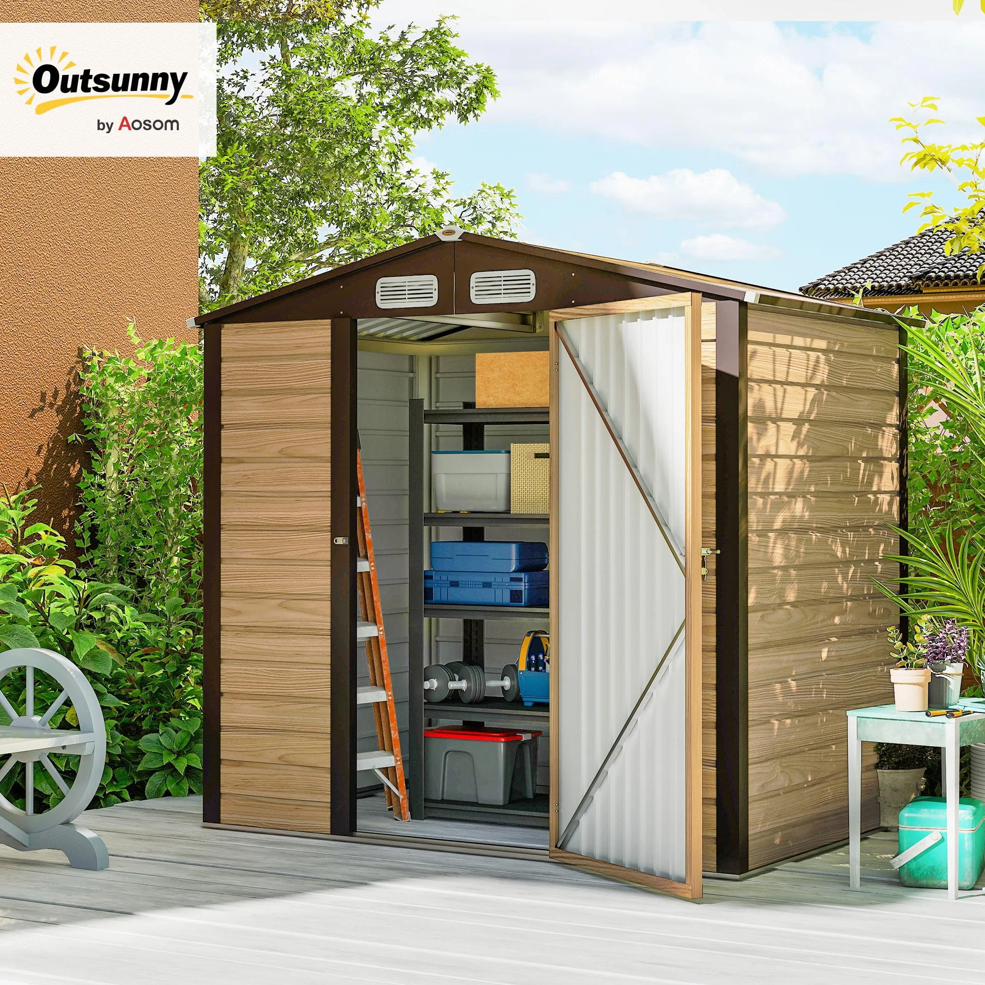 Outsunny Casetta da Giardino 1.9x1.3 m Acciaio Capanno Porta Attrezzi Lamiera Prese d'Aria Catenaccio Quercia