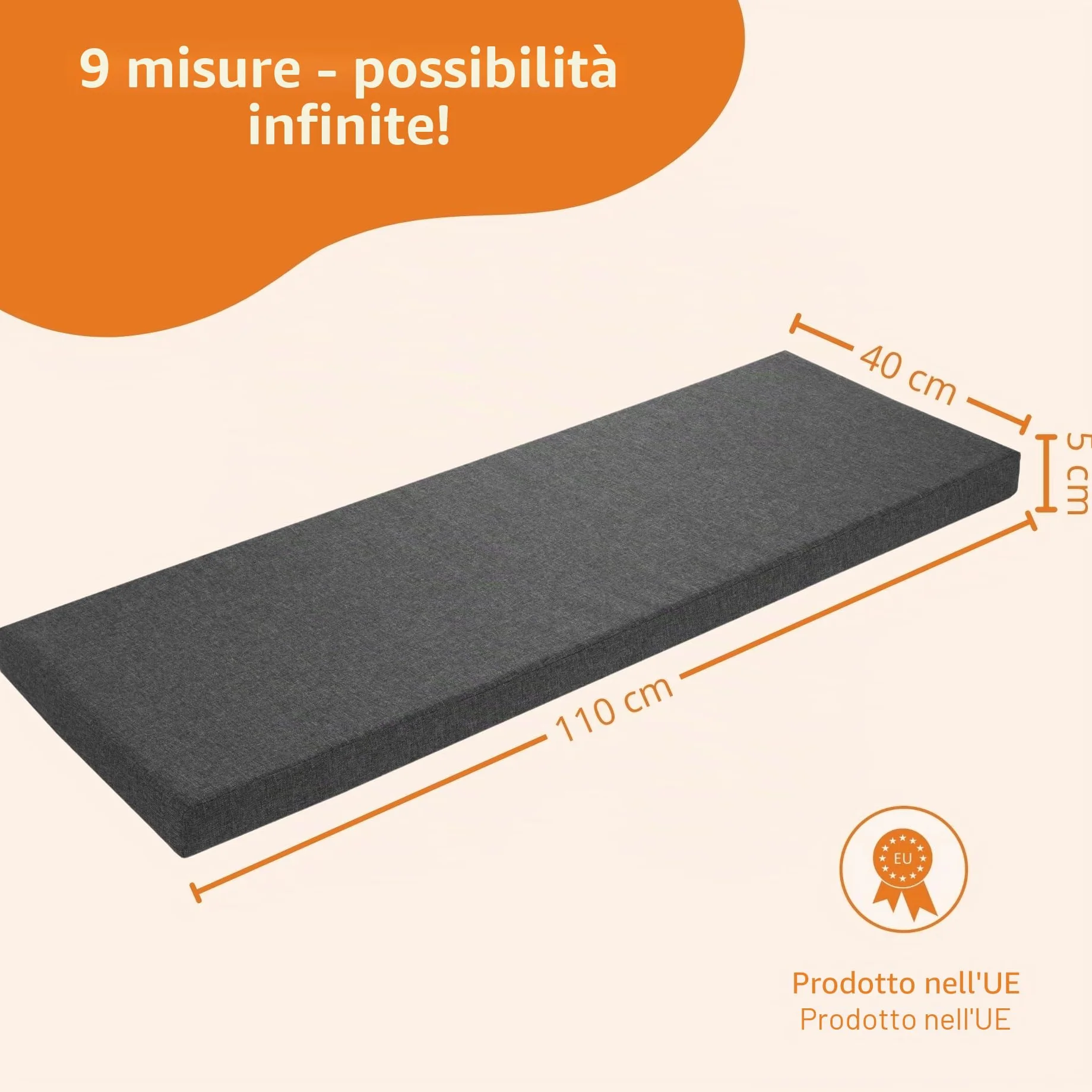 sleepling Cuscino per panca 110 x 40 cm, grigio scuro, cuscino per seduta per esterni ed interni, cuscino per panca, fodera lavabile, fondo antiscivolo, prodotto nell'UE