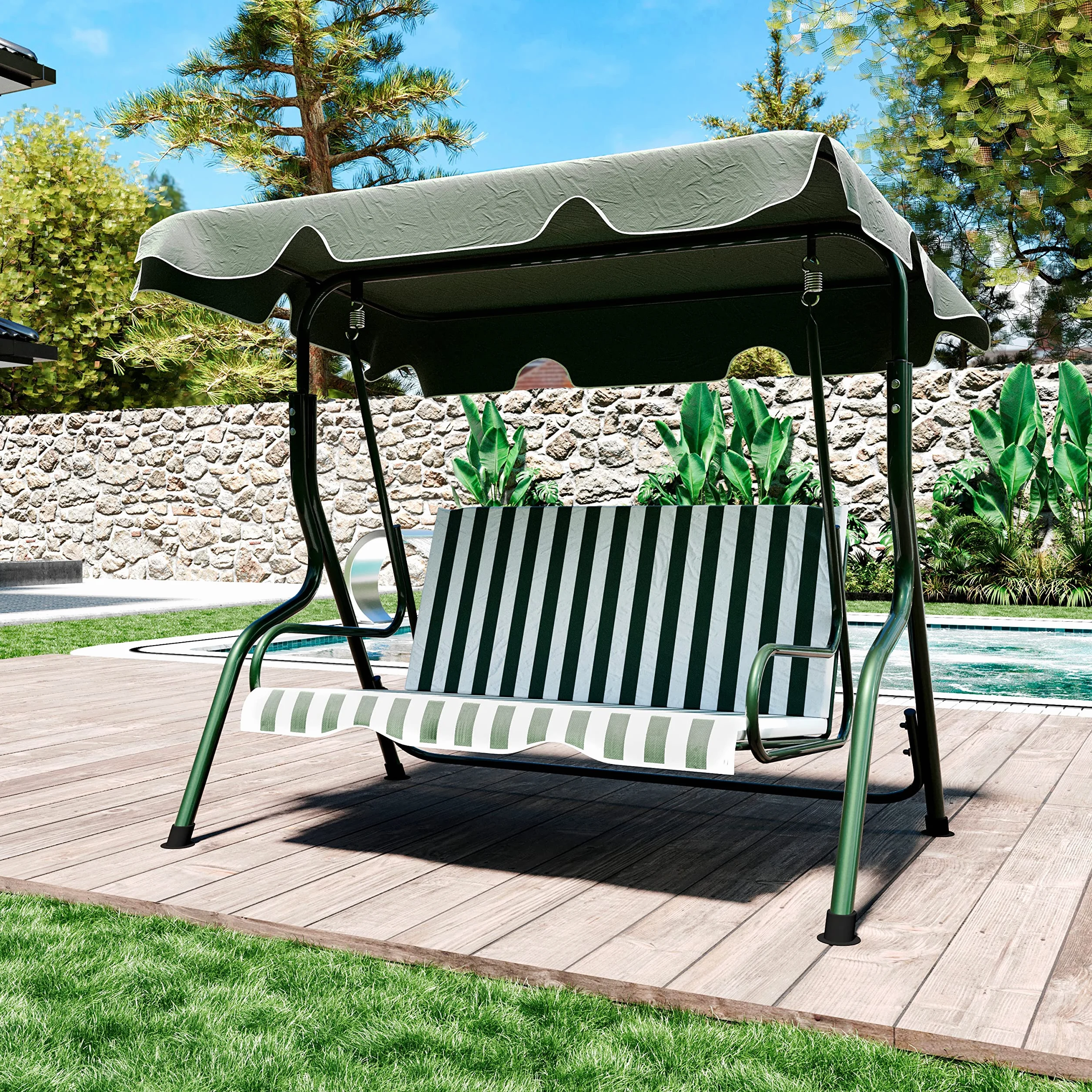 Dondolo 3 Posti Con Tettuccio Parasole Regolabile Cuscini Imbottiti Struttura Robusta In Acciaio Verniciato Da Esterno Giardino Balcone Terrazzo Piscina 170 x 110 x 153 Cm (Verde A Righe)