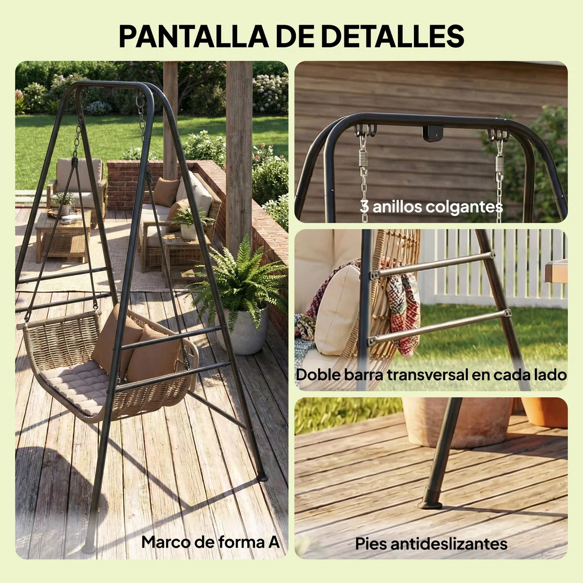 Outsunny Supporto per sedia sospesa e amaca, 183 cm, supporto per altalena con struttura in acciaio, cuscinetti antiscivolo e 2 moschettoni, per interni ed esterni, carico 150 kg, nero