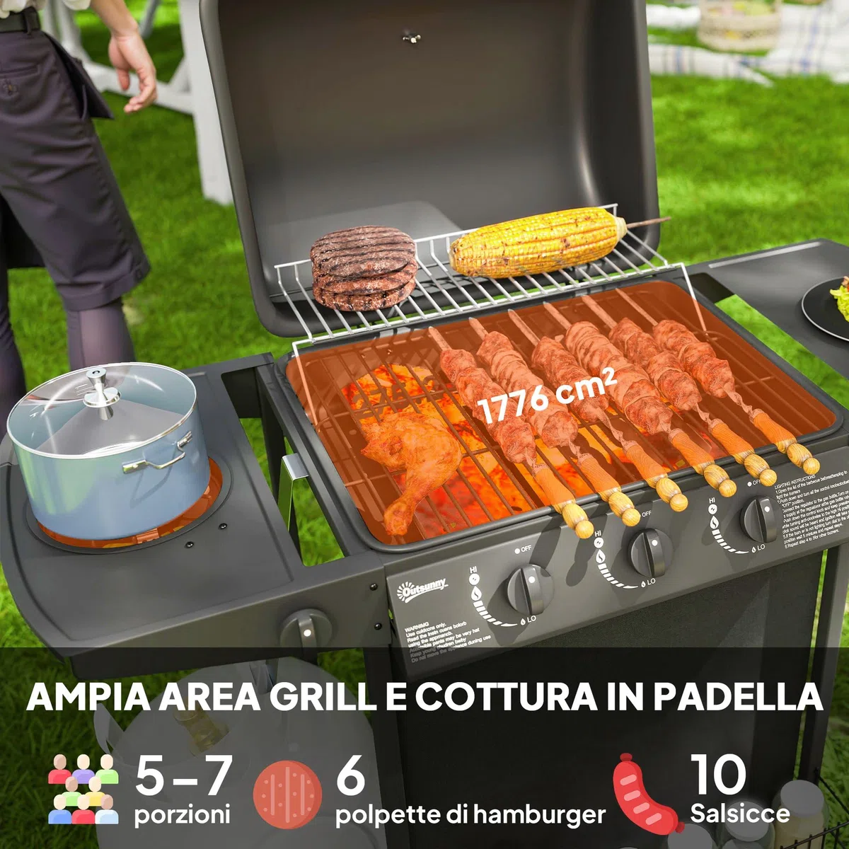 Outsunny Barbecue a Gas 4 Bruciatori 9.5kW con Coperchio Termometro Ruote Nero