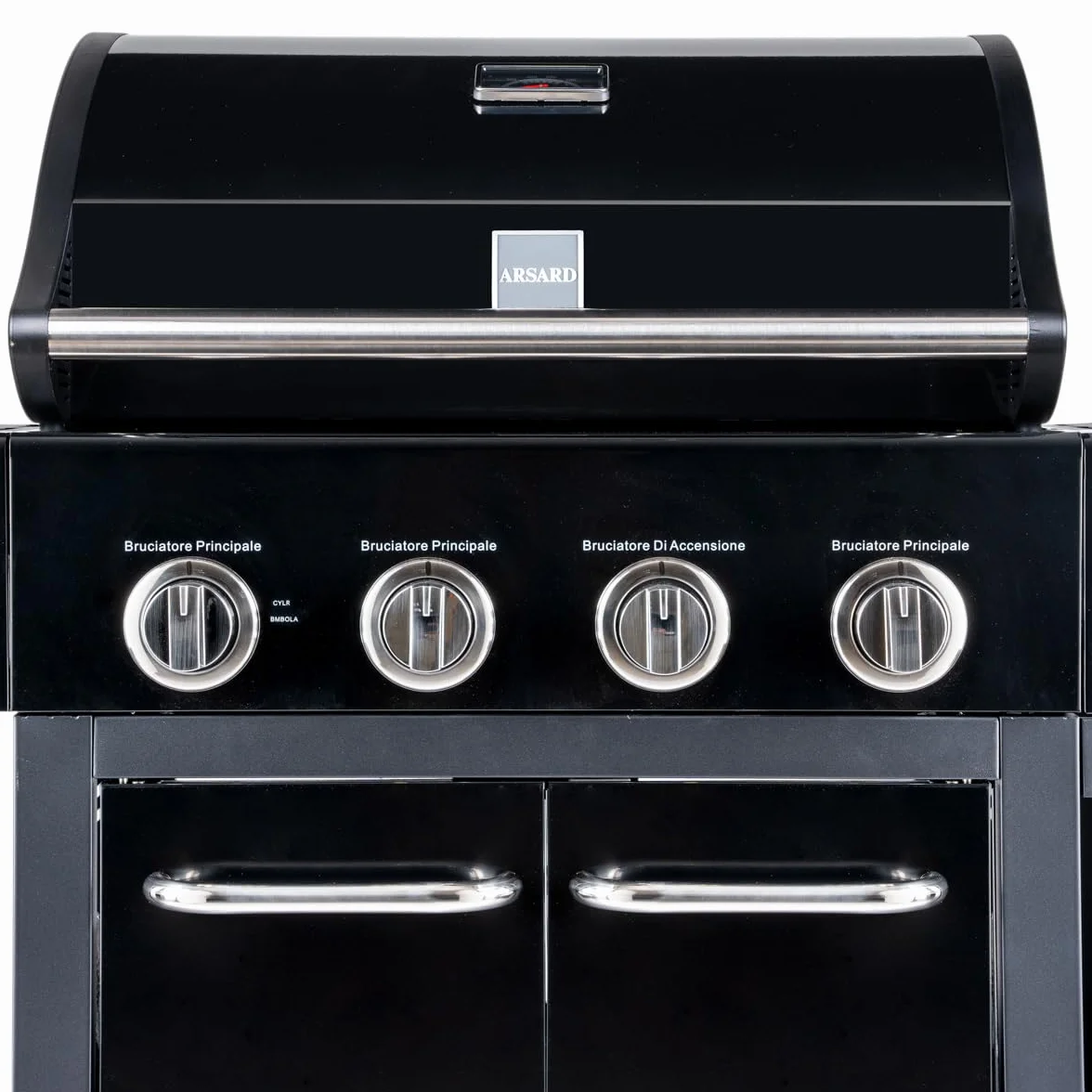 Arsard Barbecue a Gas Professionale XXL 5 Fuochi 16 KW Griglia Ghisa Acciaio Inox Bruciatore Laterale Coperchio Termometro
