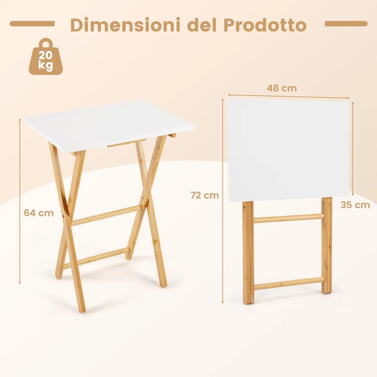 COSTWAY Set di 2 Tavolini Pieghevoli Laterale, Tavolino Portatile da Salotto Salvaspazio, Tavolo Laterale in Bambù, per Soggiorno Patio Terazza, Portata 20 kg, Senza Montare