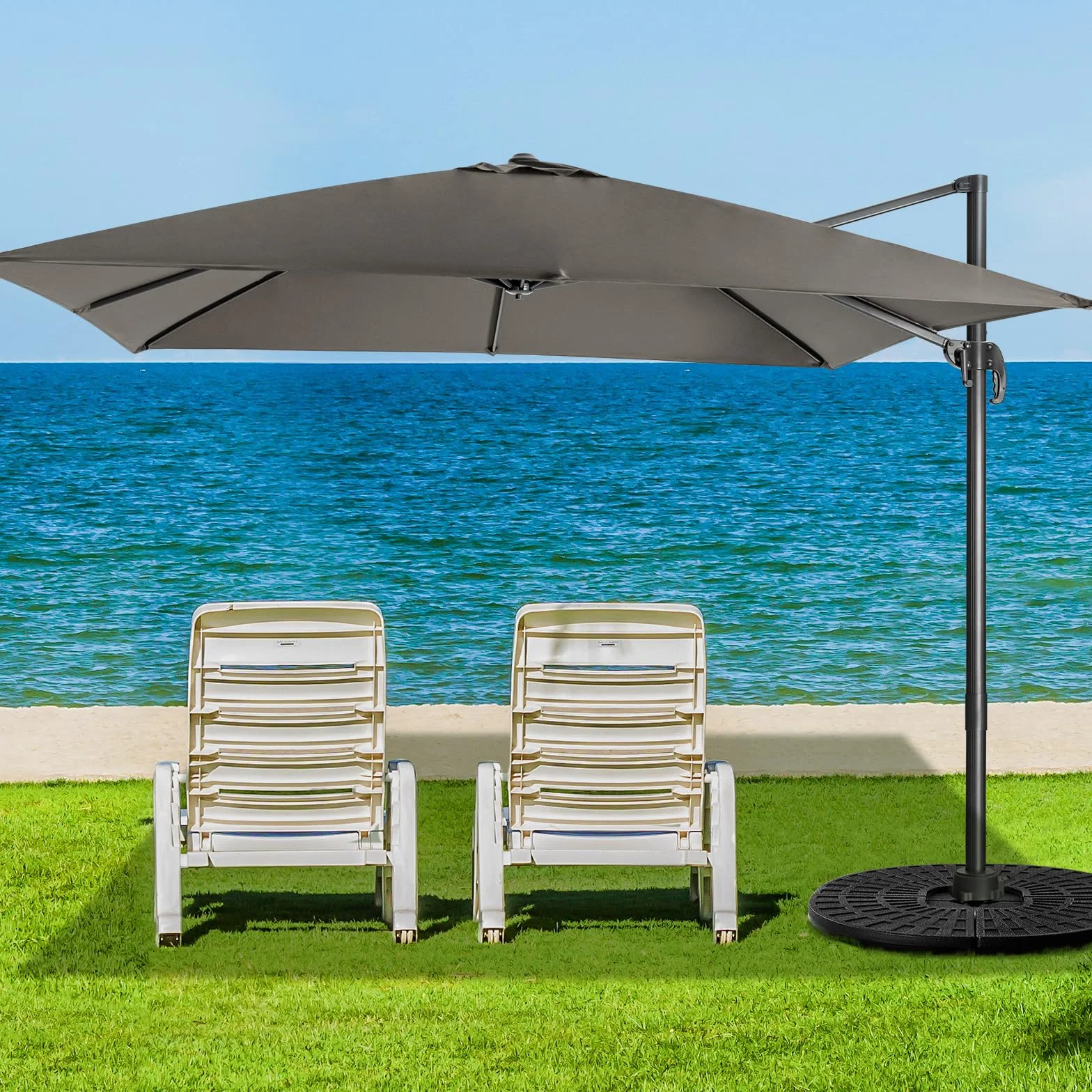 COSTWAY Ombrellone da Giardino 300x300cm 3 Inclinazioni Rotazione 360° Manovella 8 Stecche Base Incrociata Grigio