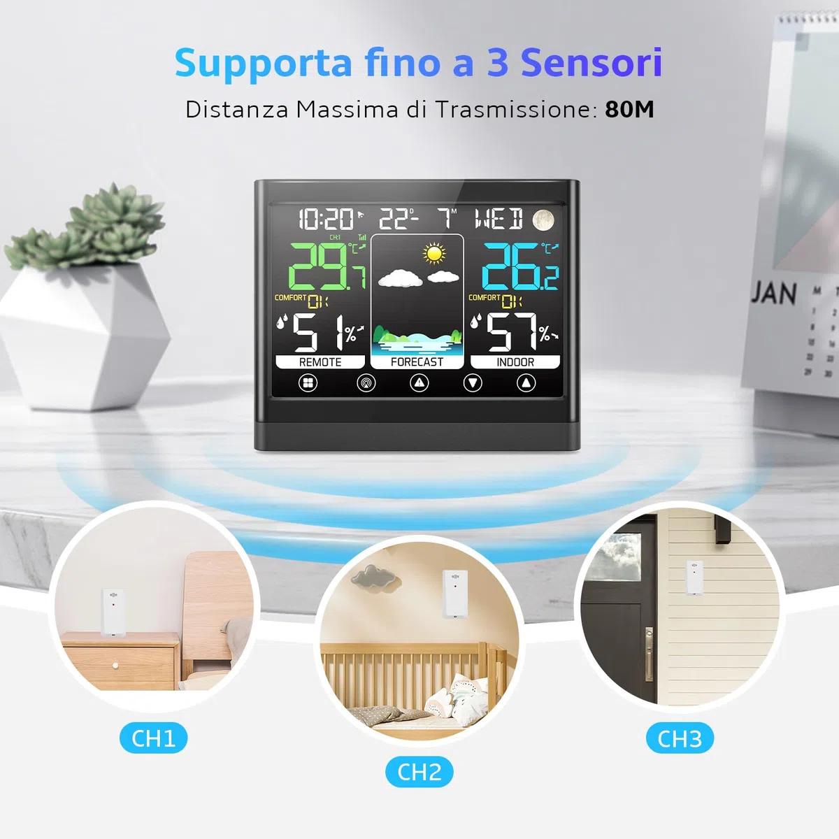 Stazione Meteo con Sensore Esterno, Termometro Igrometro Interno Digitale, Stazione Meteorologica Professionale, Ampio Schermo LCD Display, Sveglia Data Temperatura Umidità Previsioni di Tempo
