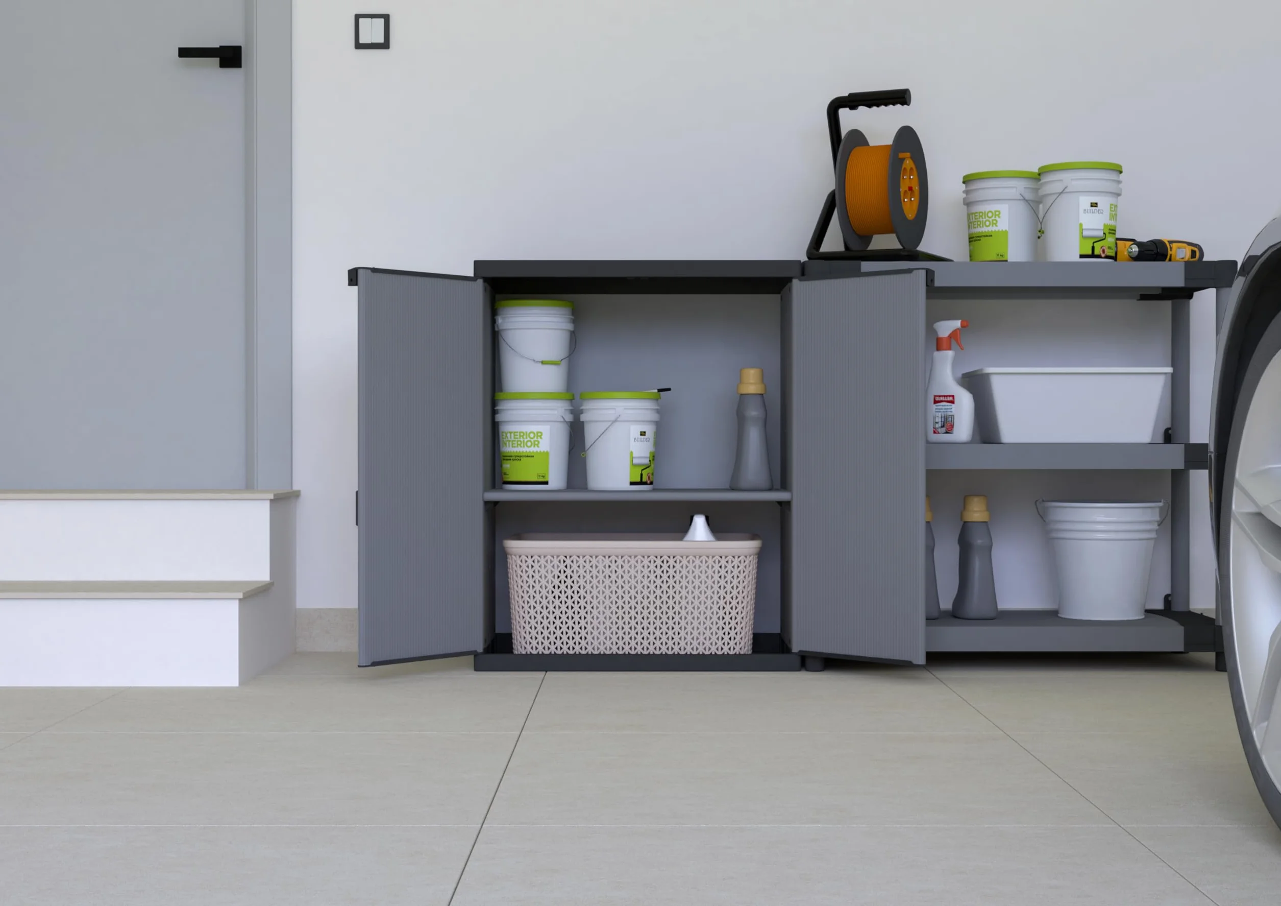 Adventa: Armadietto in resina di PVC e PP, 2 Ante, 1 Ripiano, Facile da Montare, Modular System, Resistente, Adatto ad ambienti Interni ed Esterni, 68L x 40P x 85H cm, Grigio e Nero
