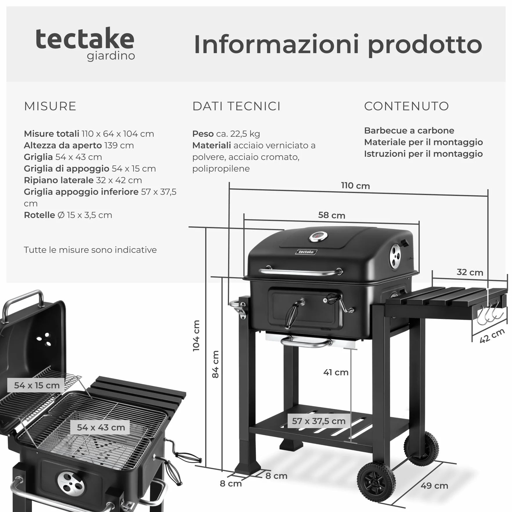 Tectake Barbecue Carbonella Portatile 110x64x104 cm Griglia Acciaio 3 Ganci 2 Ruote Cassetto Carbone Termometro Coperchio Nero