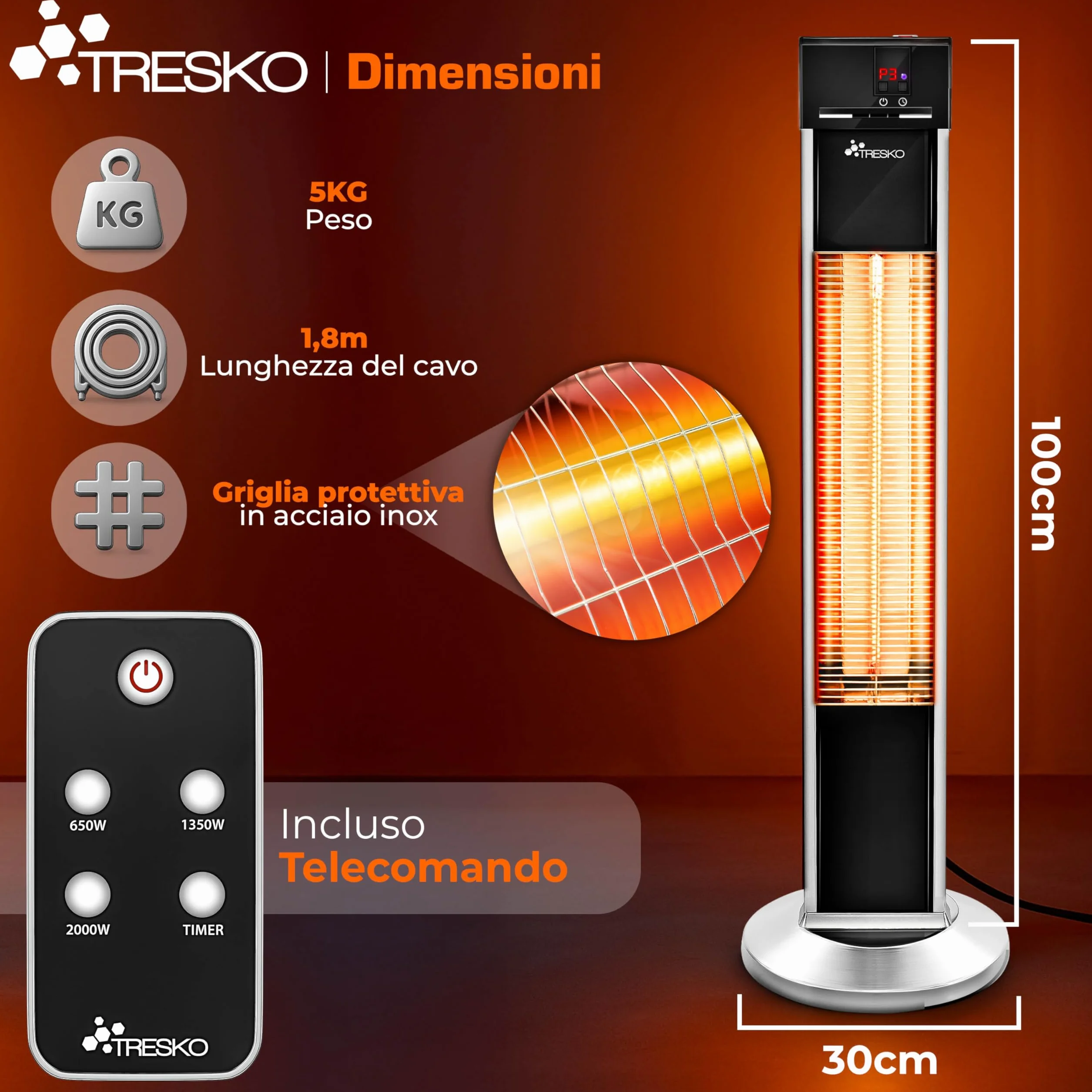 TRESKO Stufa a Infrarossi 2000W Torre Telecomando 3 Livelli Calore Riscaldatore Elettrico da Terrazzo