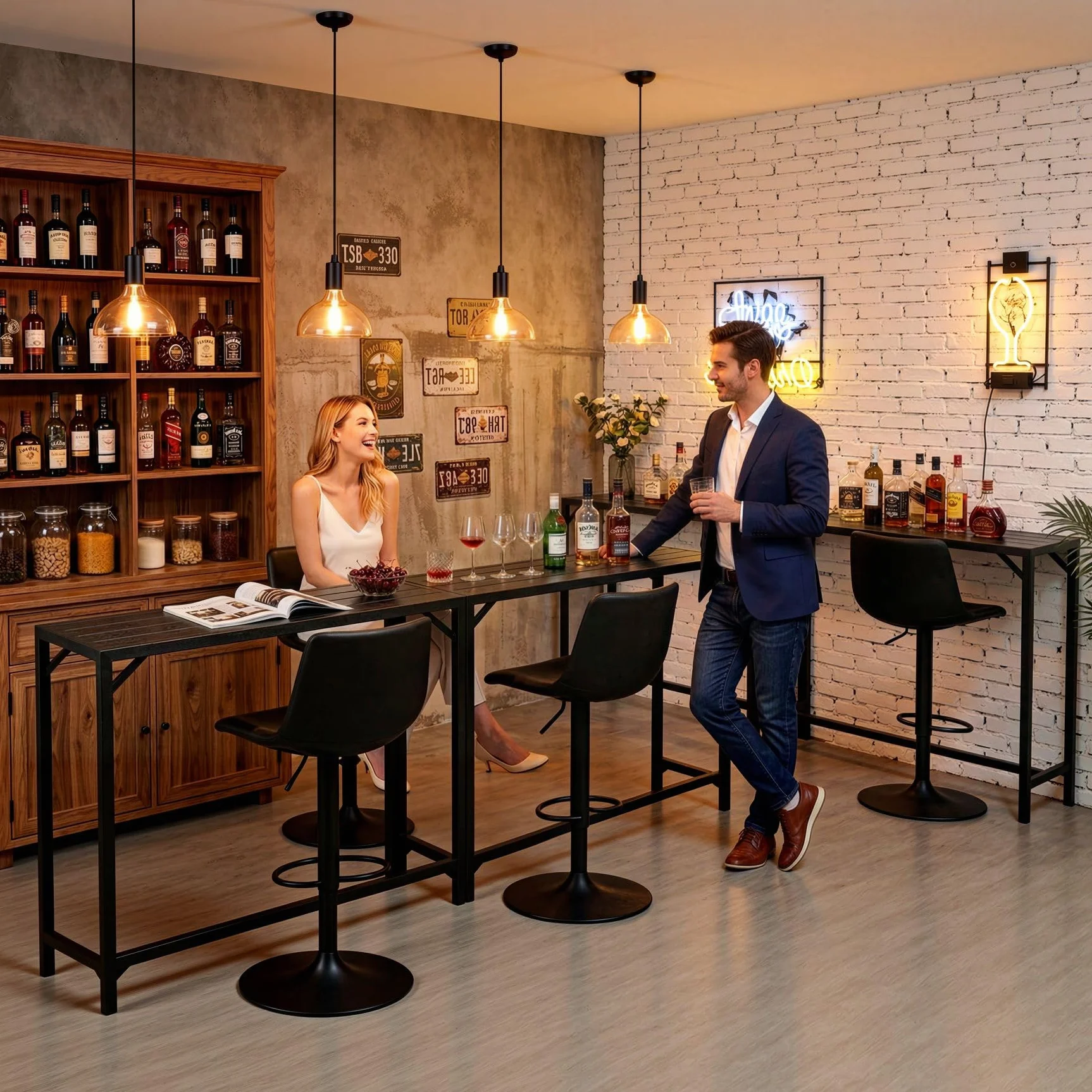 LIFERUN Outdoor Bar Table, 120 x 38 x 98 cm, Tavolo da Giardino Cortile con Piano Impermeabile, Tavolo da Bar Alto con Piedini Regolabili, adatto per Terrazza, Bordo Piscina, Soggiorno, Nero