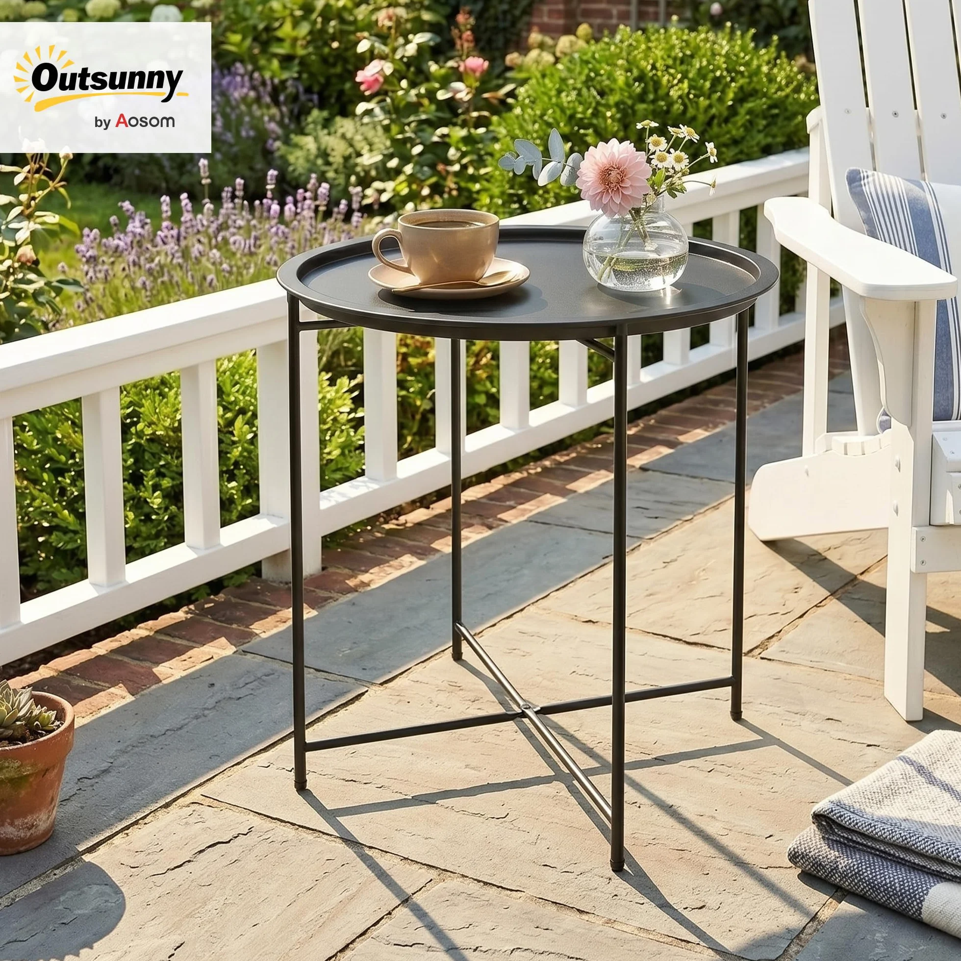 Outsunny Tavolo da Giardino Rotondo in Acciaio Ø46 cm con Vassoio Rimovibile e Gambe Pieghevoli Nero