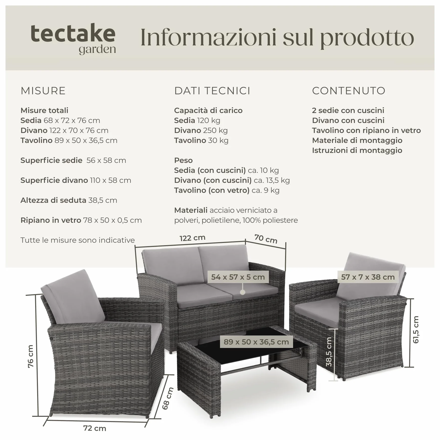 Salottino in Rattan da Giardino Esterno con 2 Poltrone, Divano e Tavolo in Vetro Rimovibile - Grigio/Grigio Chiaro