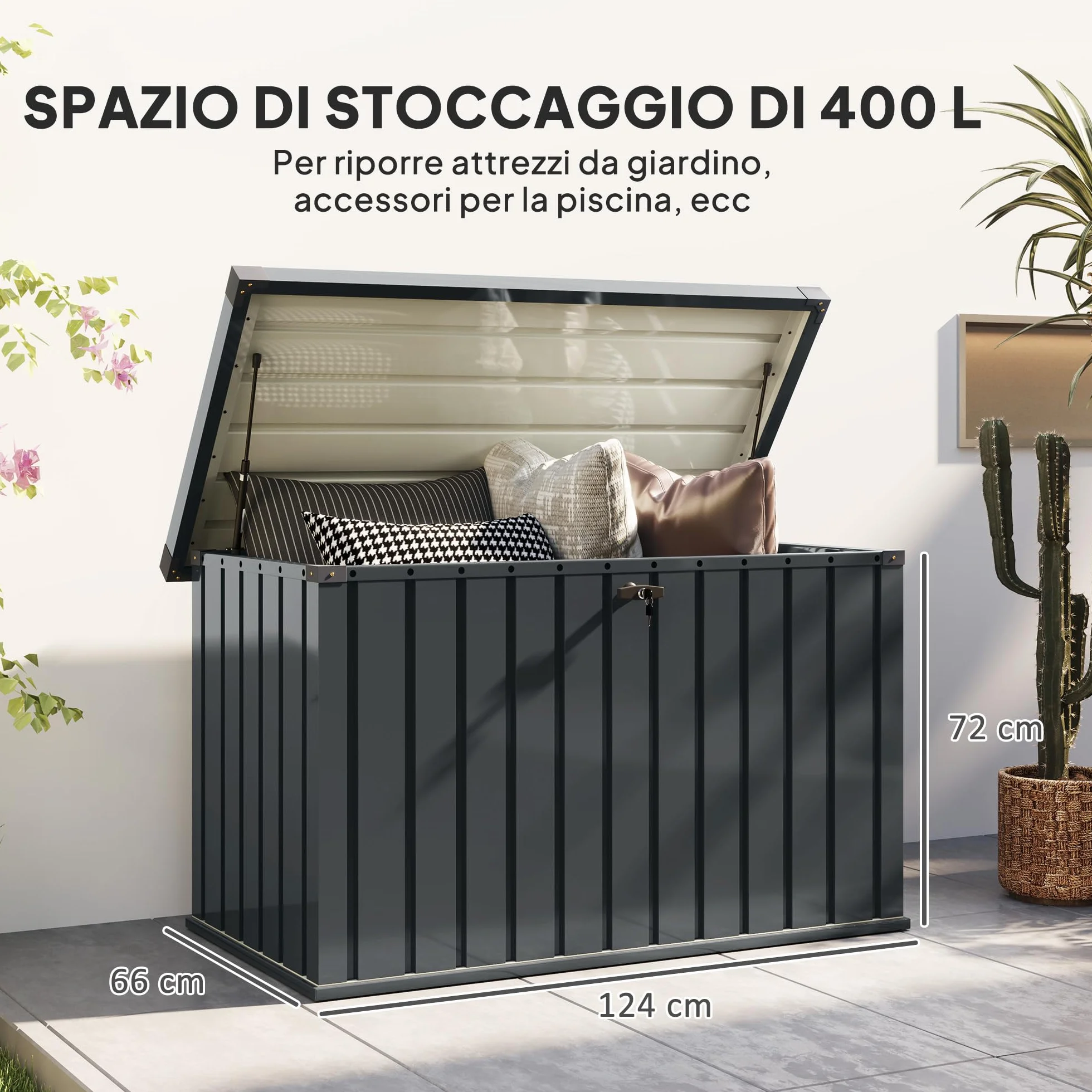 Outsunny Baule da Esterno da 400L con Coperchio a Doppia Leva, Serratura e 2 Chiavi, Cassapanca Contenitore da Esterno Impermeabile in Acciaio Zincato, 124x66x72 cm, Grigio Scuro