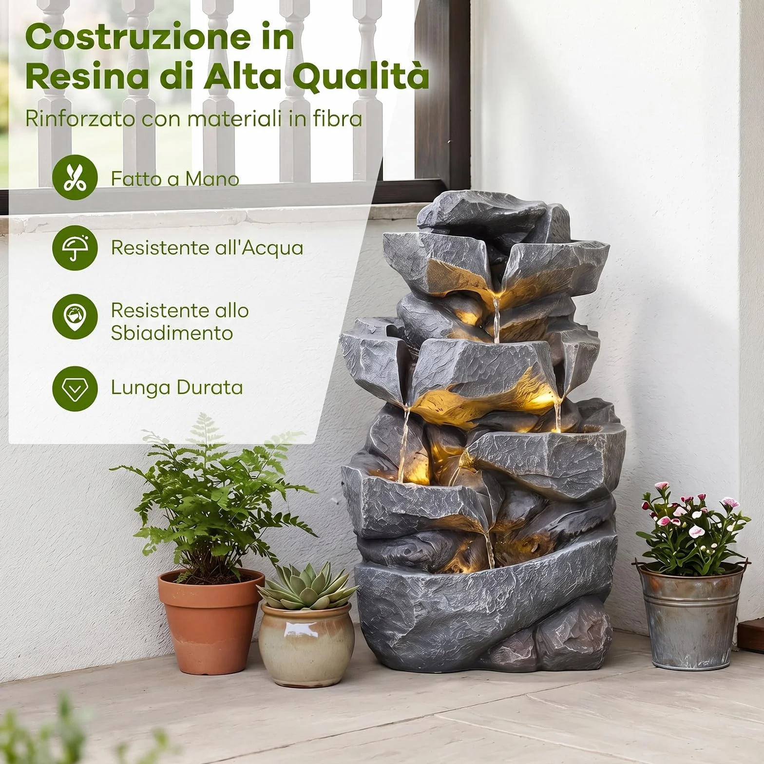 COSTWAY Fontana da Giardino a 5 Livelli, Fontana Cascata da Esterno con Luci e Flusso d'Acqua Regolabile, Fontanella Elettrica a Forma di Roccia con Effetto di Pietra da Terrazza e Balcone