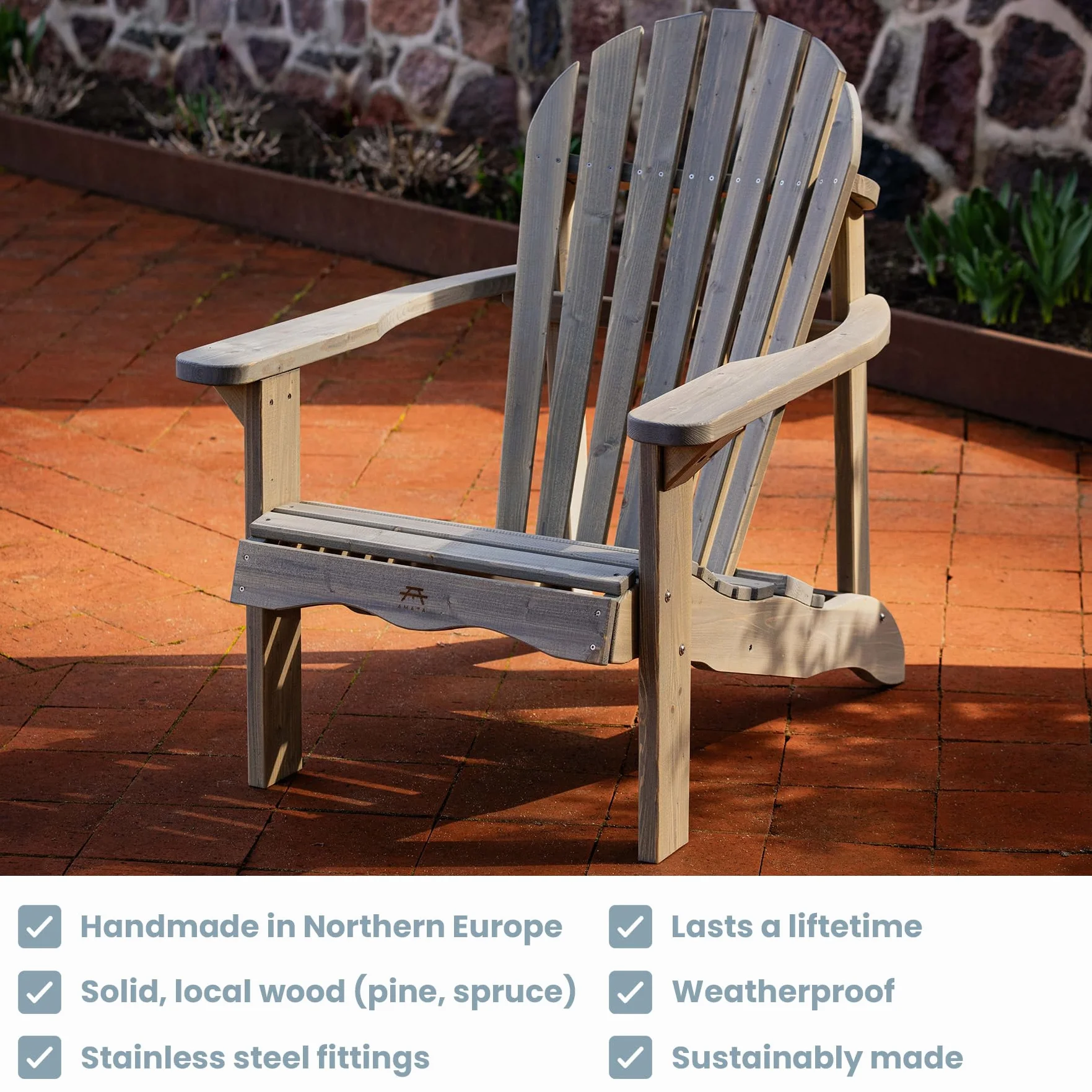 AMATA Sedia singola Adirondack per esterni, collezione UNGURS - Sedia in legno resistente alle intemperie per patio, cortile e giardino braciere - ergonomica e resistente, design senza tempo (grigio)