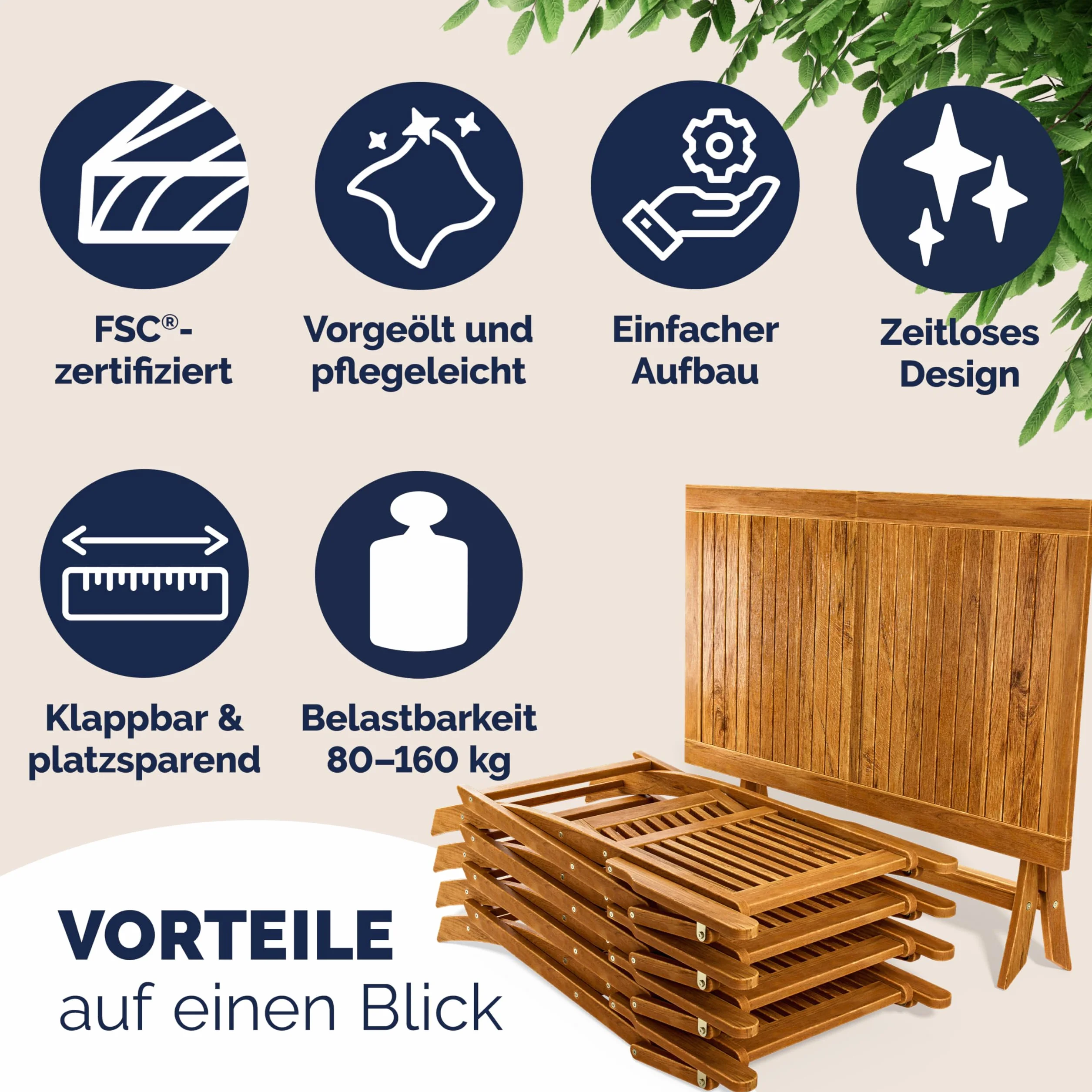 Casaria Tavolo e 4 Sedie con Braccioli da Giardino in Legno di Acacia FSC® Modello 2026 Pieghevole 5 Pezzi Set Mobili Esterno