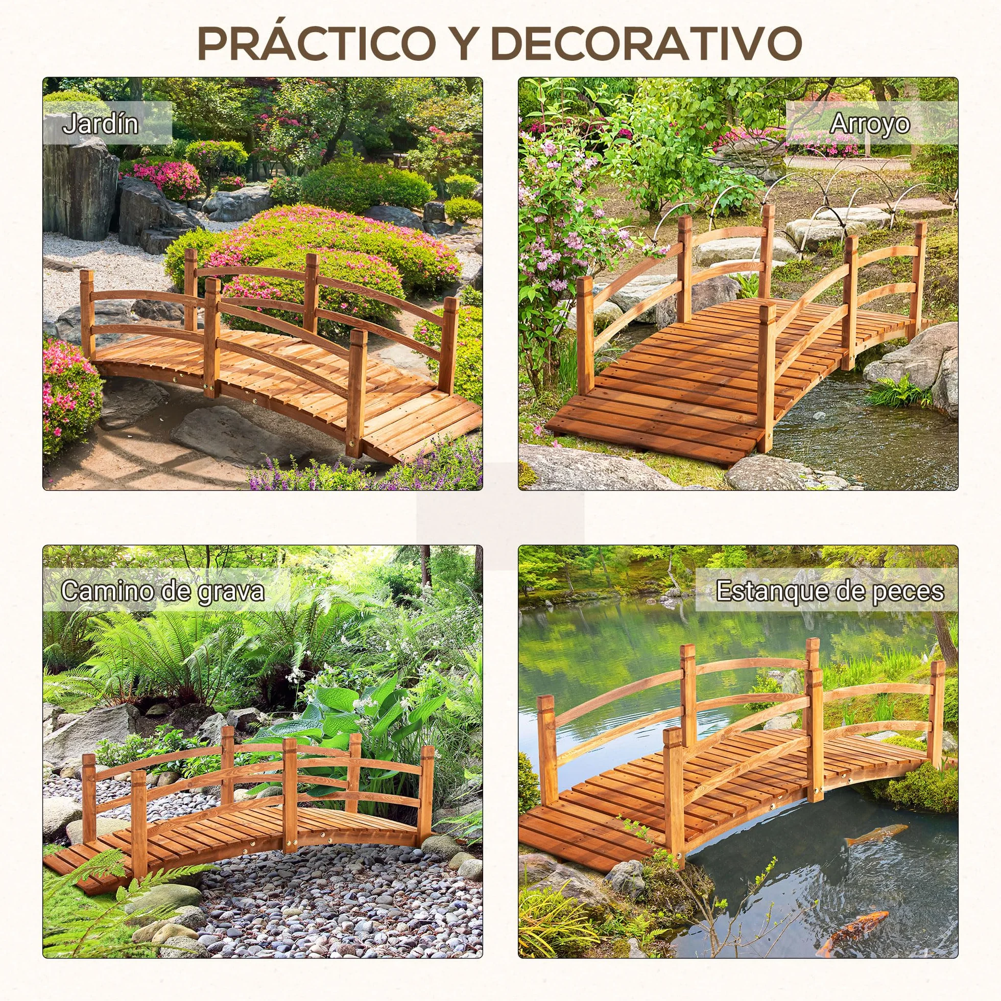 Outsunny Ponte ad Arco in Legno 185x72x58 cm con corrimano Ponte da Giardino per la Decorazione del Patio Carico 200 kg Naturale