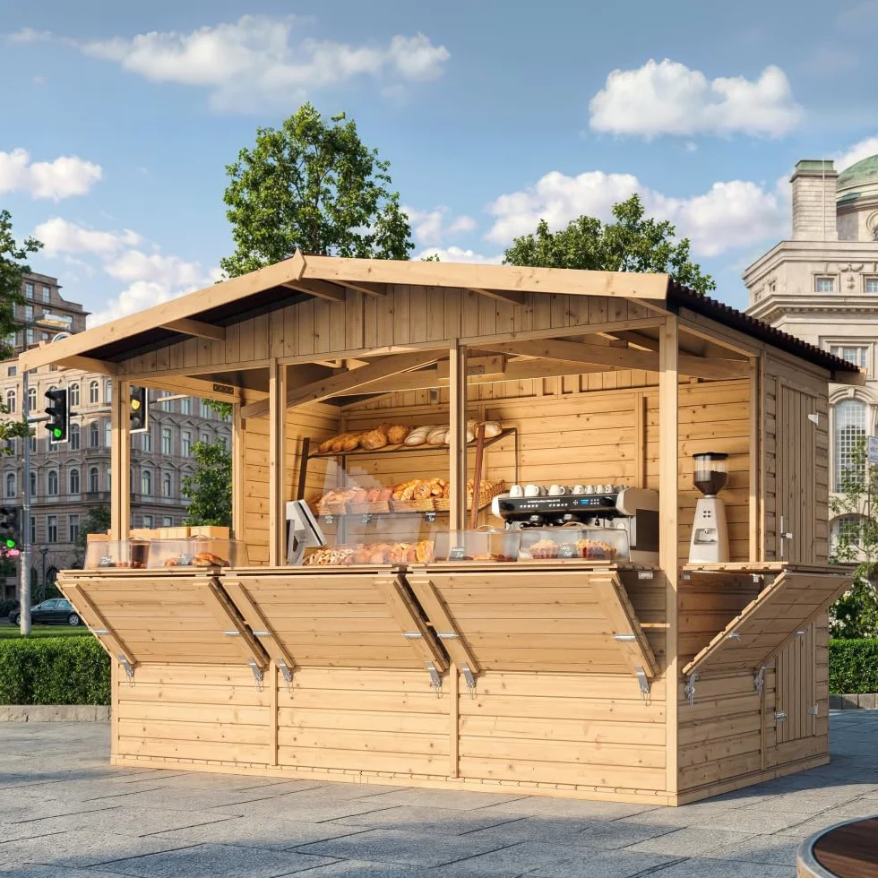 Capanno in Legno, Capanno Espositore in Legno, Chiosco da giardino per bar, CINQUE FINESTRE 336x263 cm/6 m2 Stand di vendita con bancone, Multifunzione cabina da giardino TIMBELA M150B