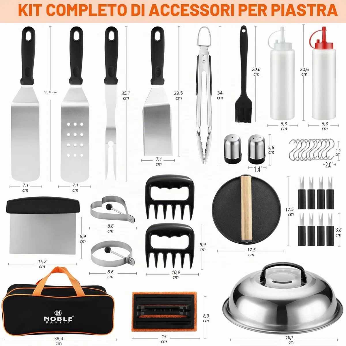 N NOBLE FAMILY 38PCS Kit di Accessori Barbecue, Professionali per Set Spatola Barbecue all'aperto, Spatola per Barbecue per Piastra in Acciaio Inossidabile con Pinze, Pressa per Hamburger, Borsa