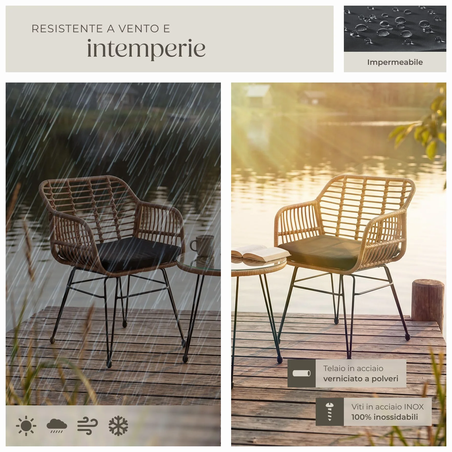 tectake Salottino in Rattan Set da Balcone 3 Pezzi 2 Sedie 120 kg Tavolo Vetro Sicuro Resistente Intemperie Terrazza Giardino Piedini Regolabili