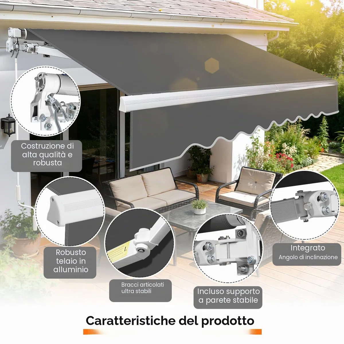 Tenda da sole 350x300 cm manuale a bracci articolati anti-UV impermeabile alluminio poliestere