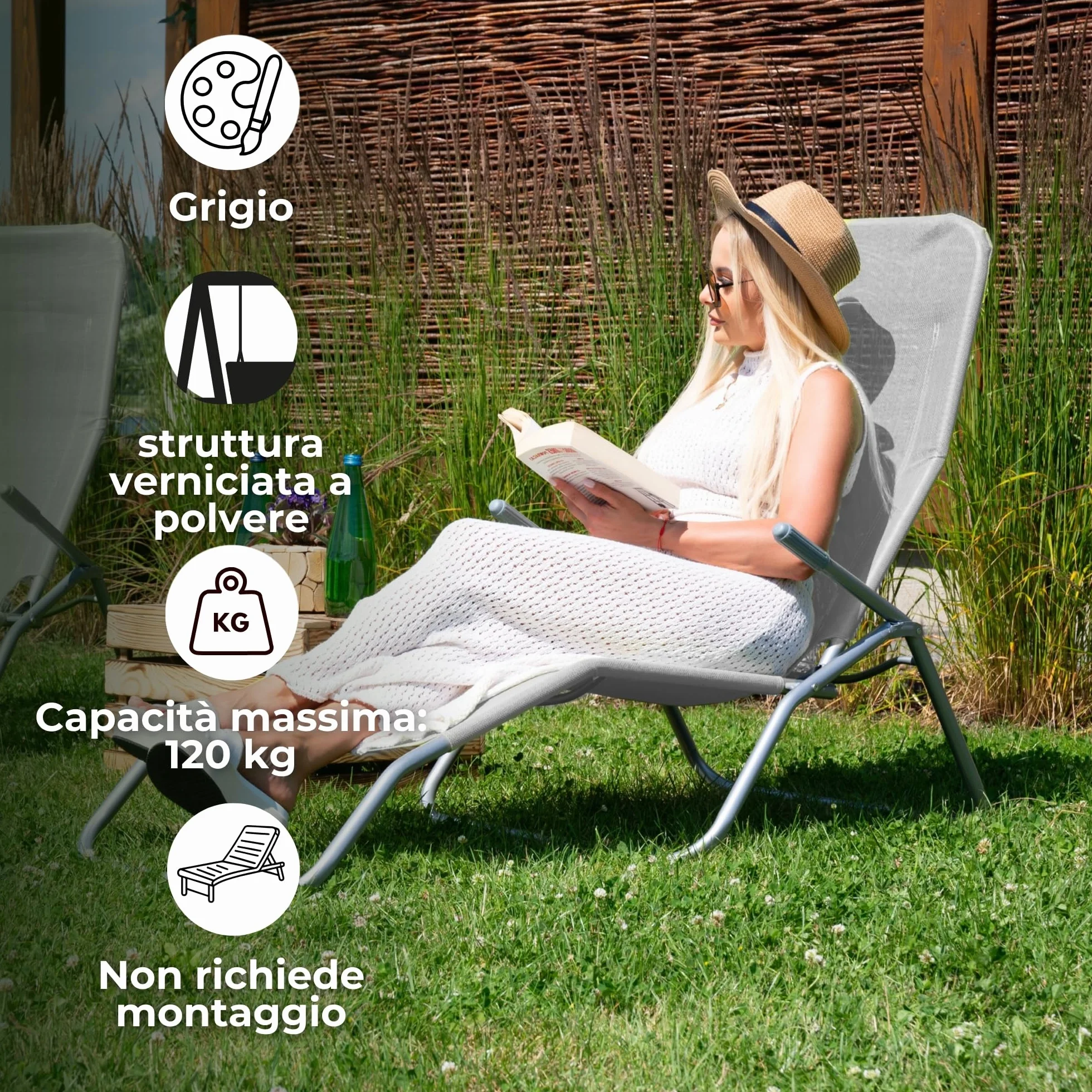 SPRINGOS - Sdraio reclinabile da giardino, in metallo, resistente, verniciata a polvere (grigio chiaro)