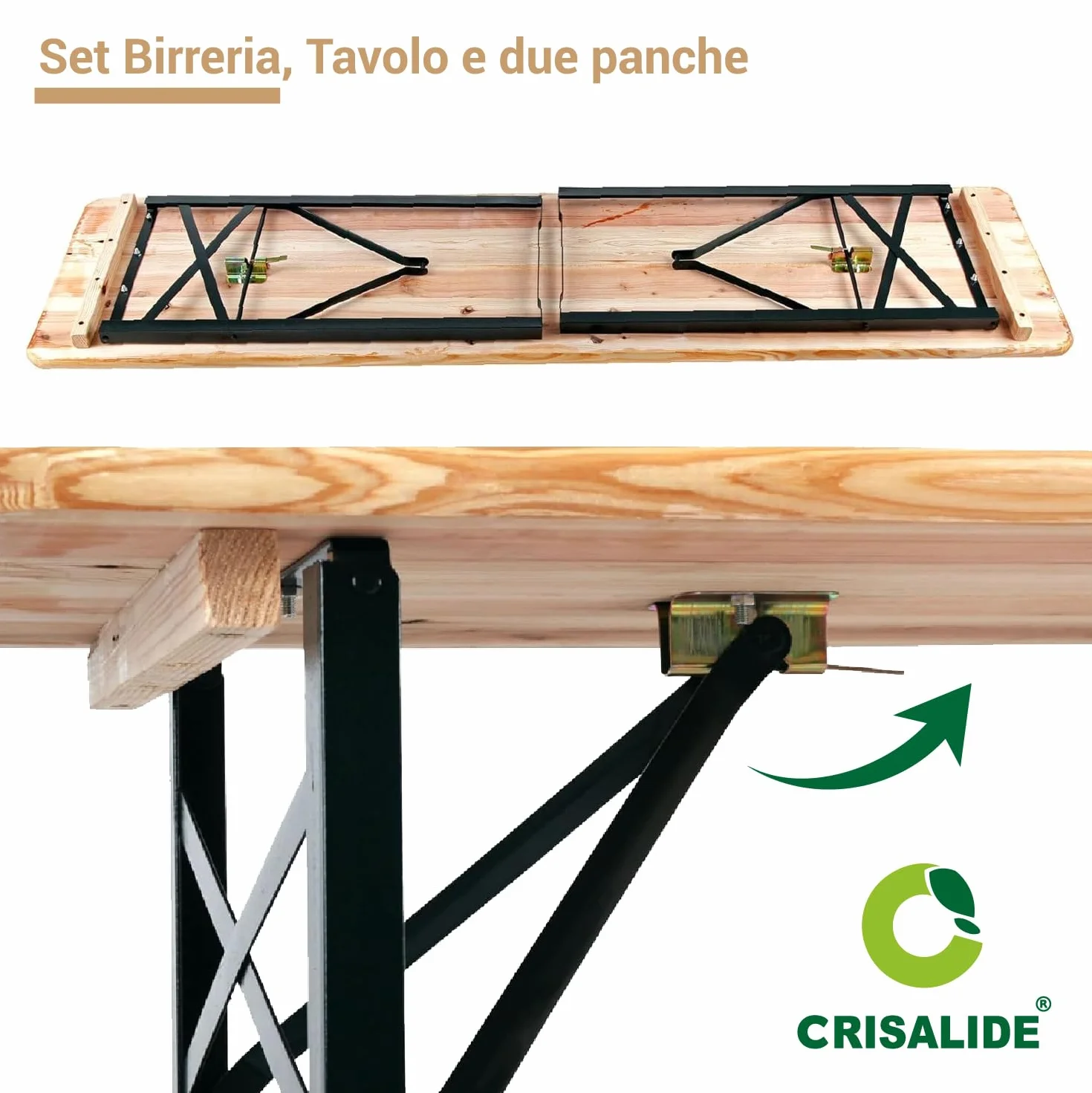 Crisalide® Set Birreria Pieghevole in Legno di Abete Tavolo 220 cm con 2 Panche Struttura in Acciaio Rinforzato 70x80 cm