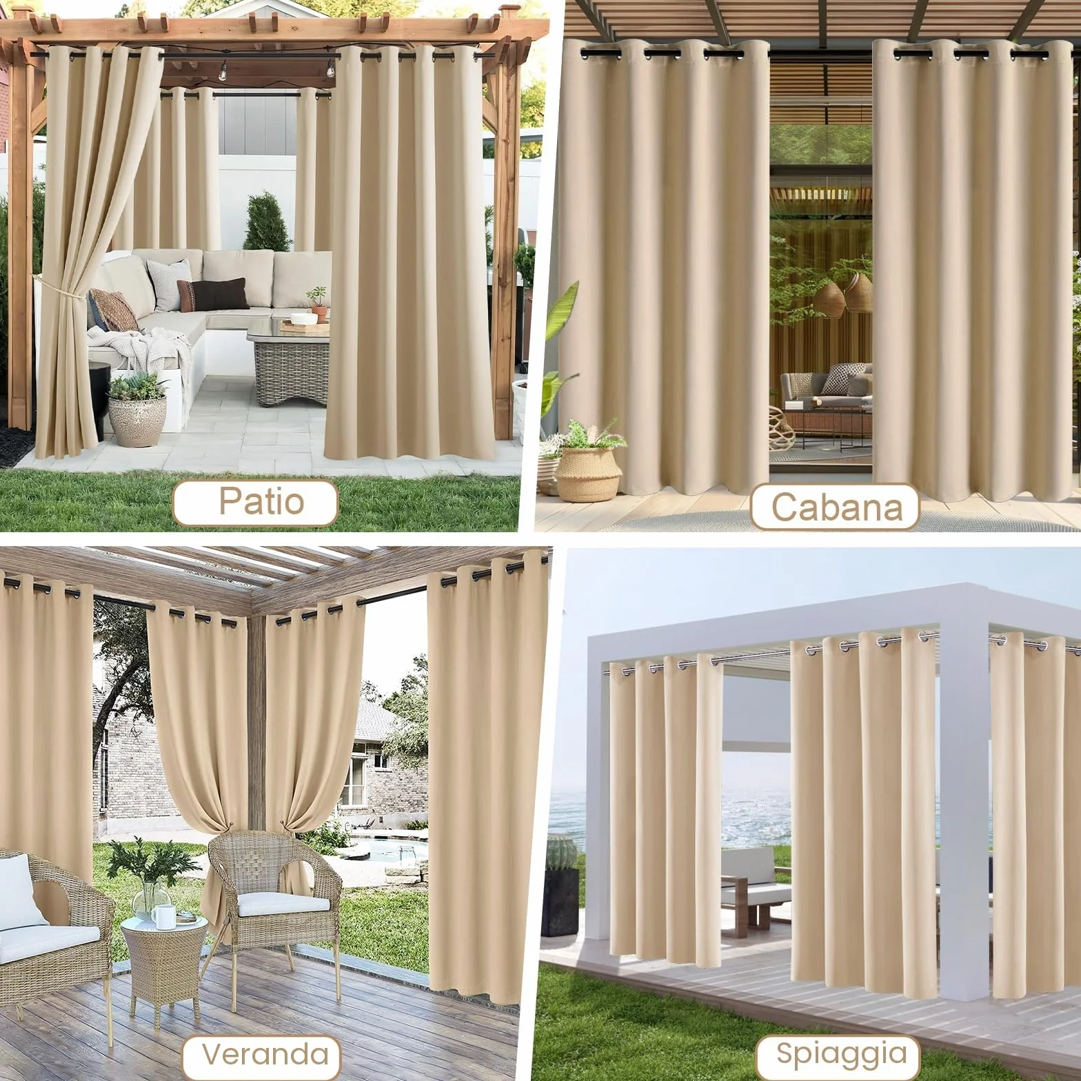 Tende da Esterno Impermeabile,2 Pezzi Tende per Esterno con Anelli,Tende per Gazebo Esterno Oscurante,Tende Idrorepellente per Esterni per Balconi,Terrazzo,Veranda,132x215cm,Beige