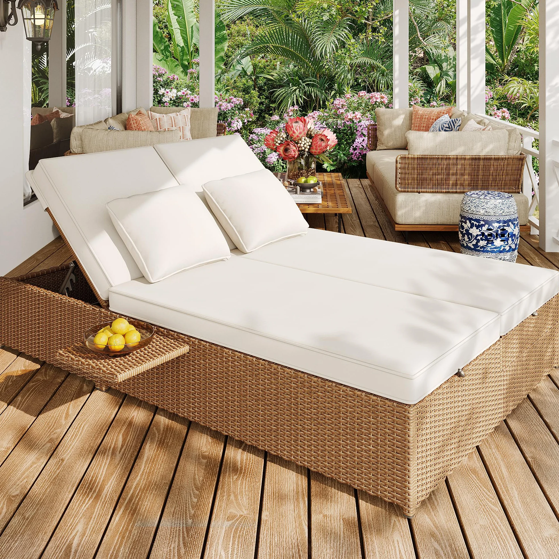 Sdraio da giardino per esterni, letto matrimoniale, in rattan, che può essere utilizzato come mobili da giardino all'aperto, adatto per lounge, balconi e giardini, resistente alle intemperie