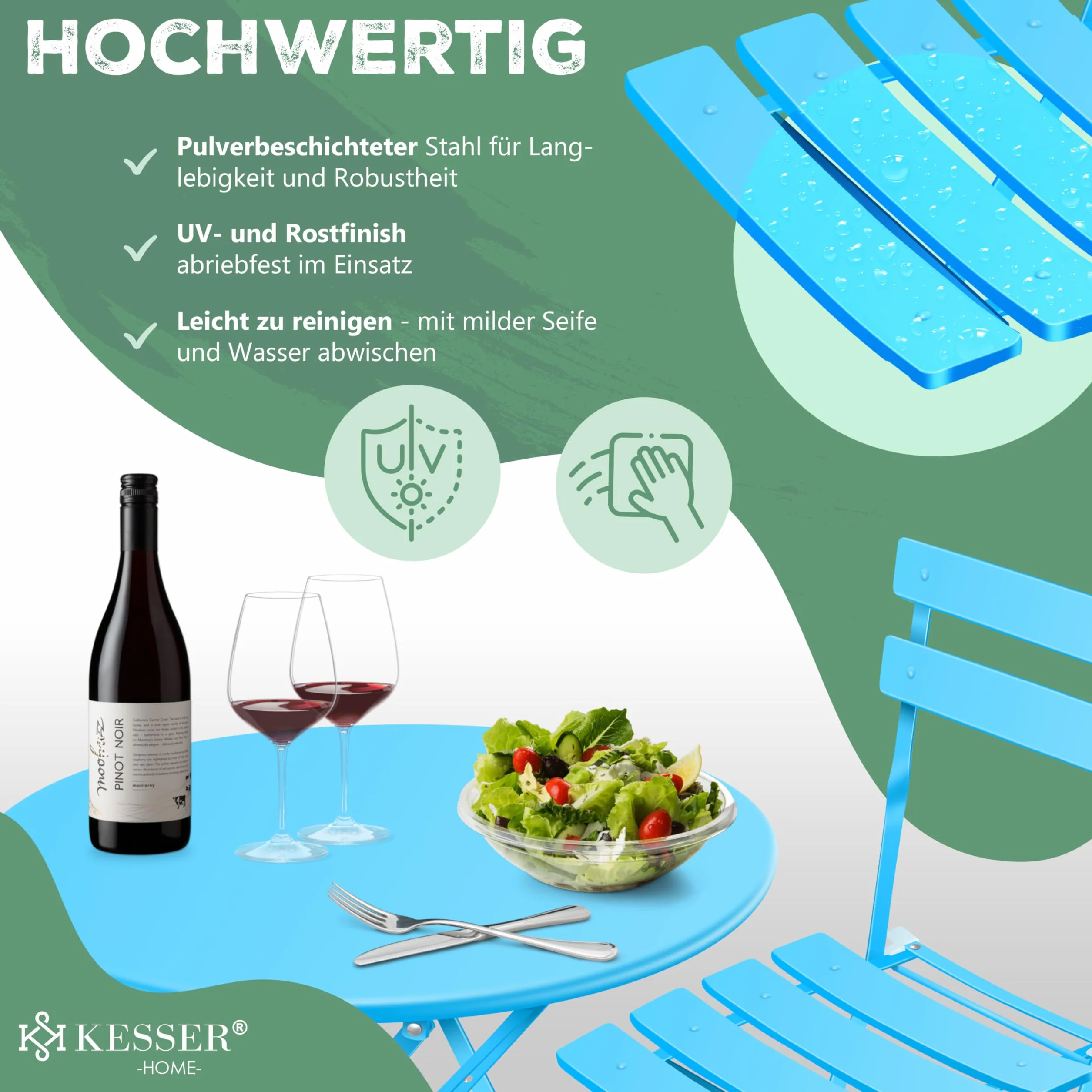 KESSER® Set da bistrot 3 pezzi con 2 sedie pieghevoli, tavolo in metallo, copertura