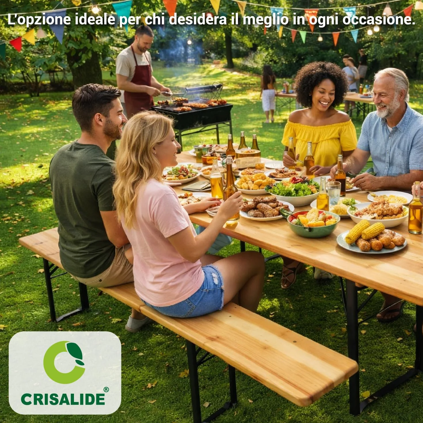 Crisalide® Set Birreria Pieghevole in Legno di Abete Tavolo 220 cm con 2 Panche Struttura in Acciaio Rinforzato 70x80 cm