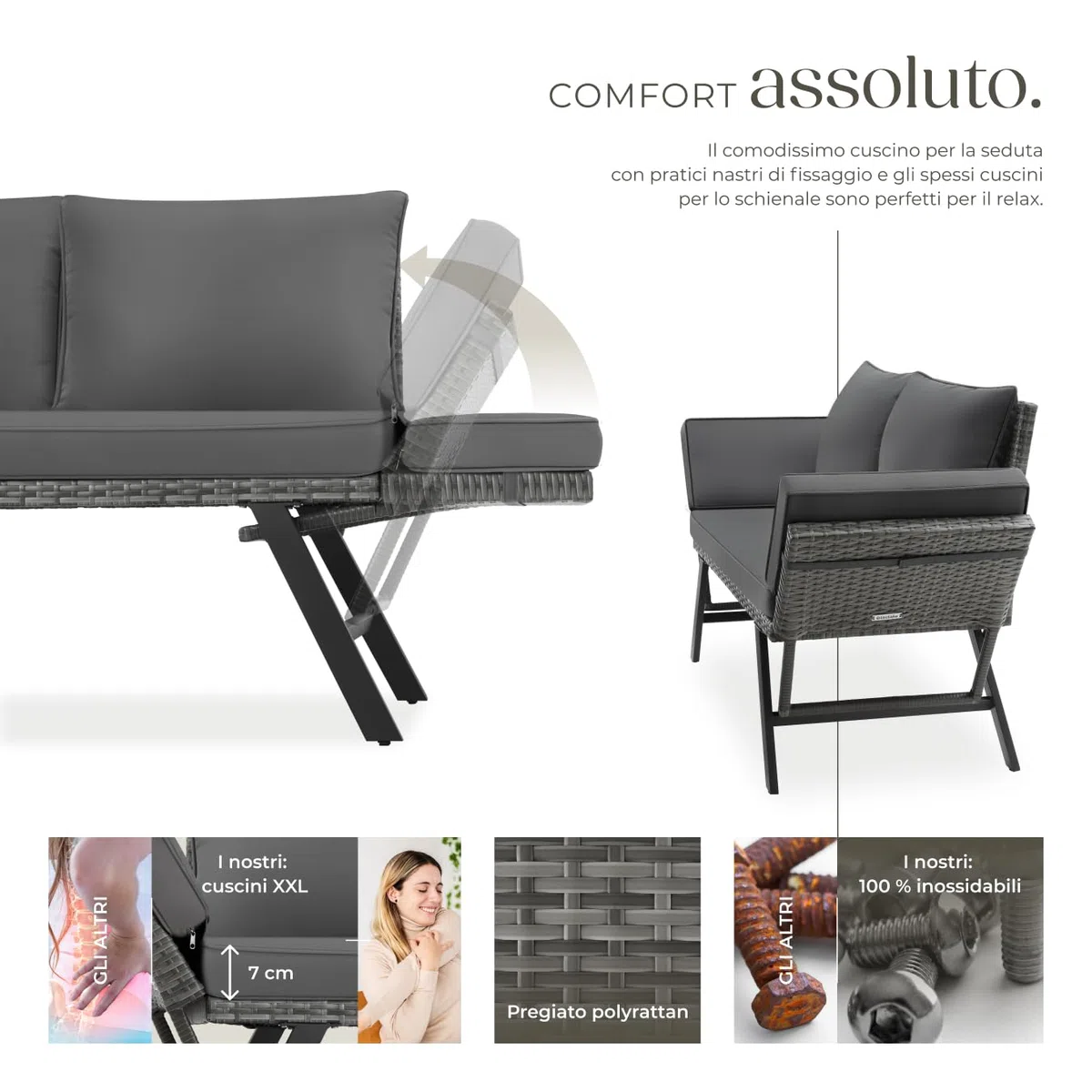 tectake® Divano Lounge in Rattan, 2 in 1, Braccioli Pieghevoli, Cuscini Morbidi, Imbottitura Spessa, Sofà in Polyrattan Resistente, Fodere Idrorepellenti, Arredamento Esterno e Interno - Grigio