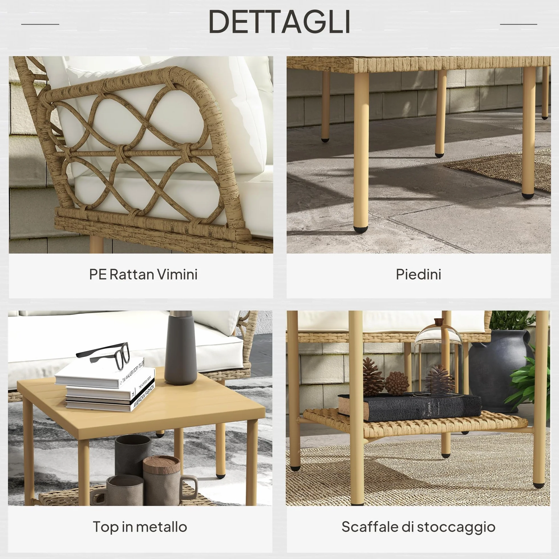 Outsunny Set Giardino Rattan 3 Pezzi Salotto Esterno Divanetto 2 Posti Chaise Longue Cuscini Lavabili Tavolino Caffè Crema