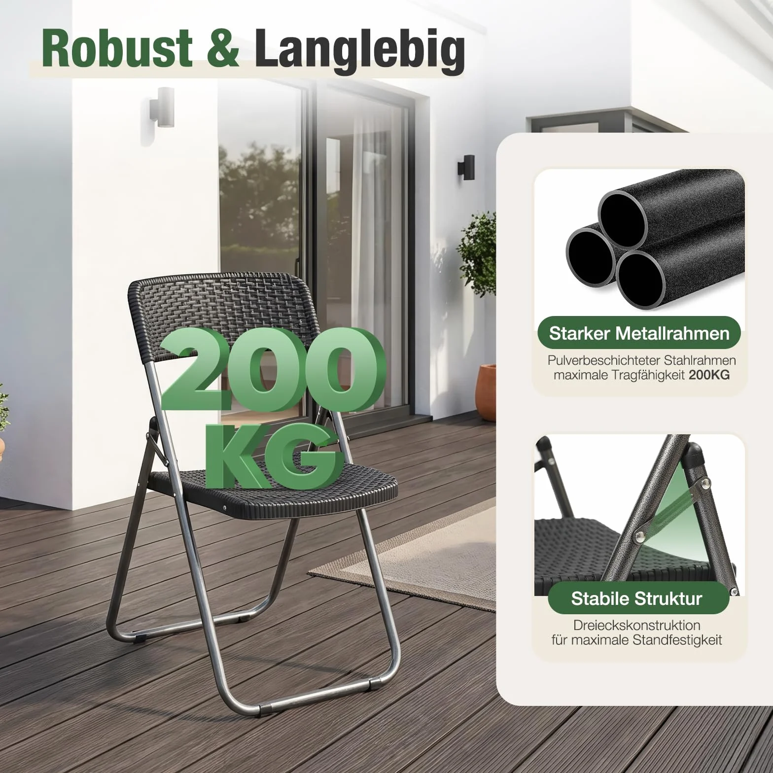 Sekey Sedia da giardino pieghevole in rattan 200 kg 46x53x84 cm impermeabile nero