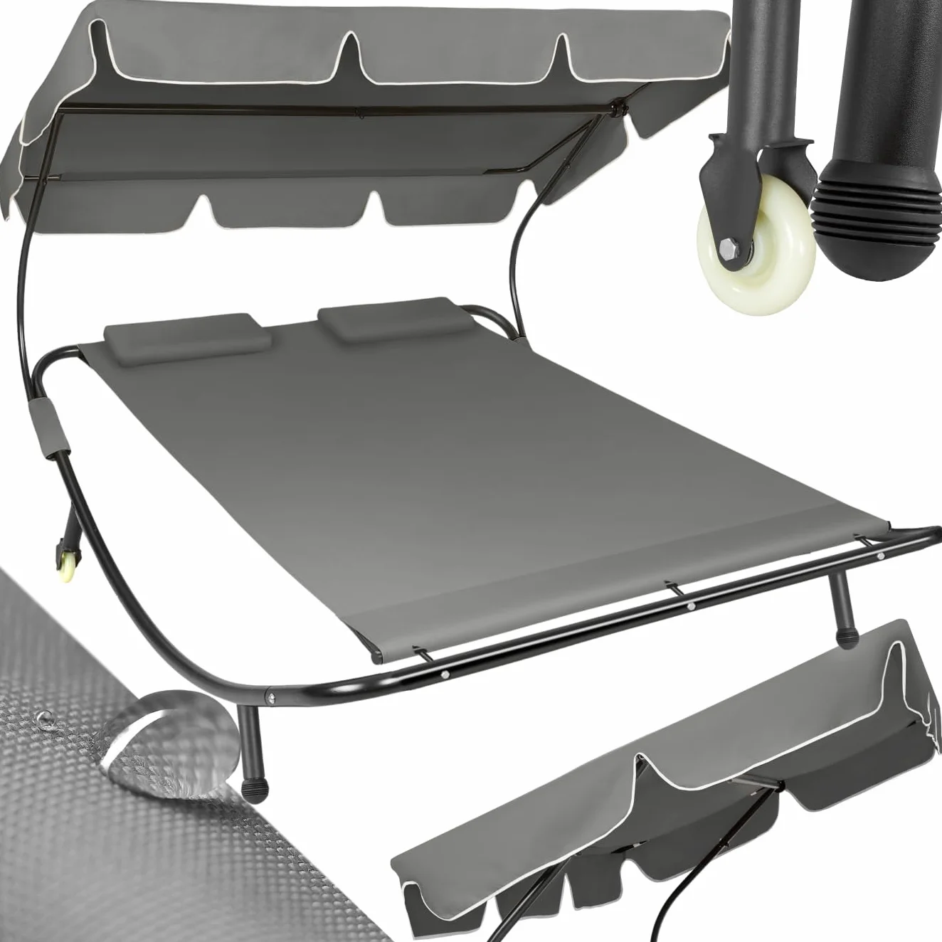 Tectake Lettino Prendisole Doppio con 2 Cuscini da Esterno, Telaio in Metallo, Rotelle, Tenda da Sole Pieghevole - Nero/Grigio