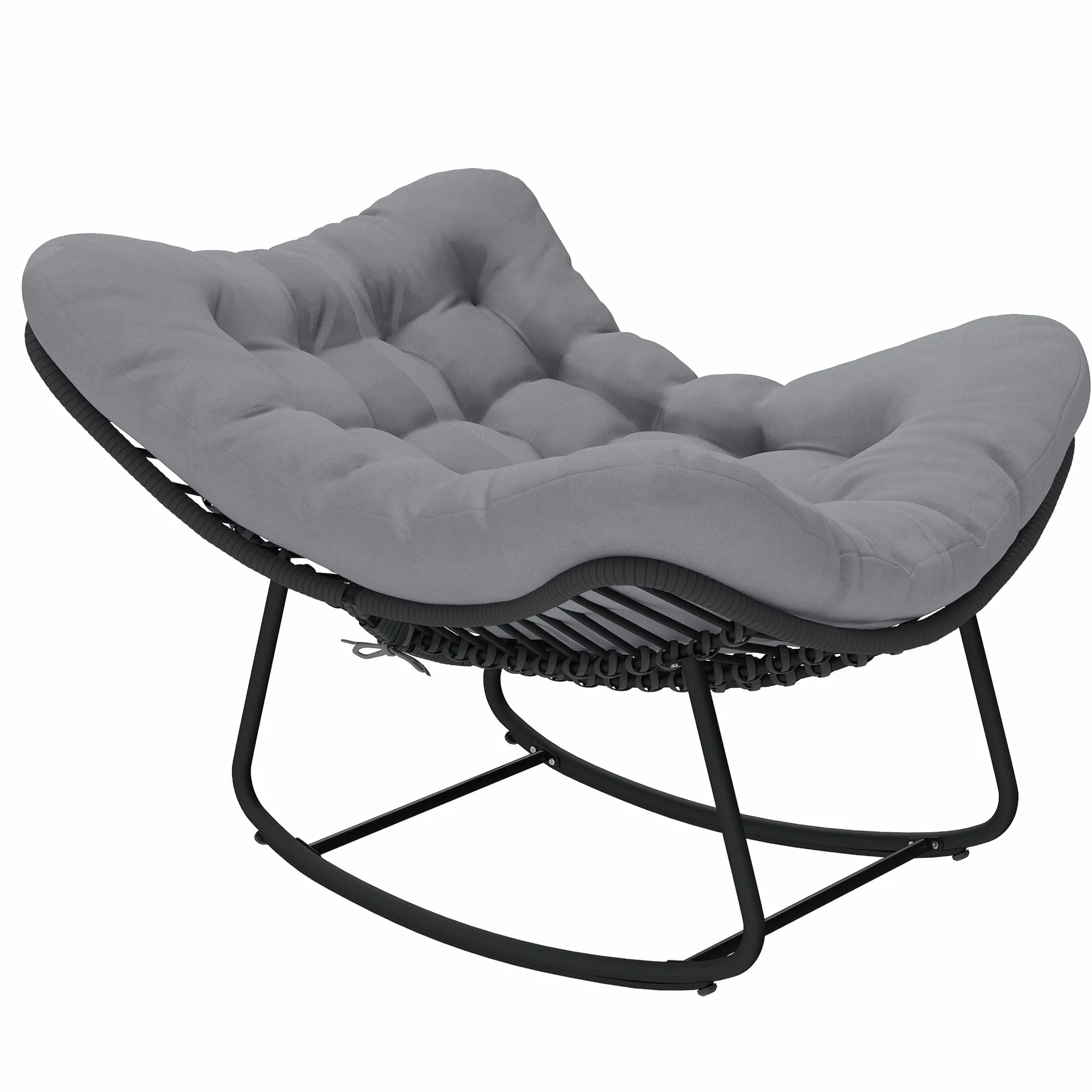 Outsunny Sedia a Dondolo in Rattan Oversize con Cuscino, Struttura Metallo Zincato, Max 120 kg, Grigio Scuro