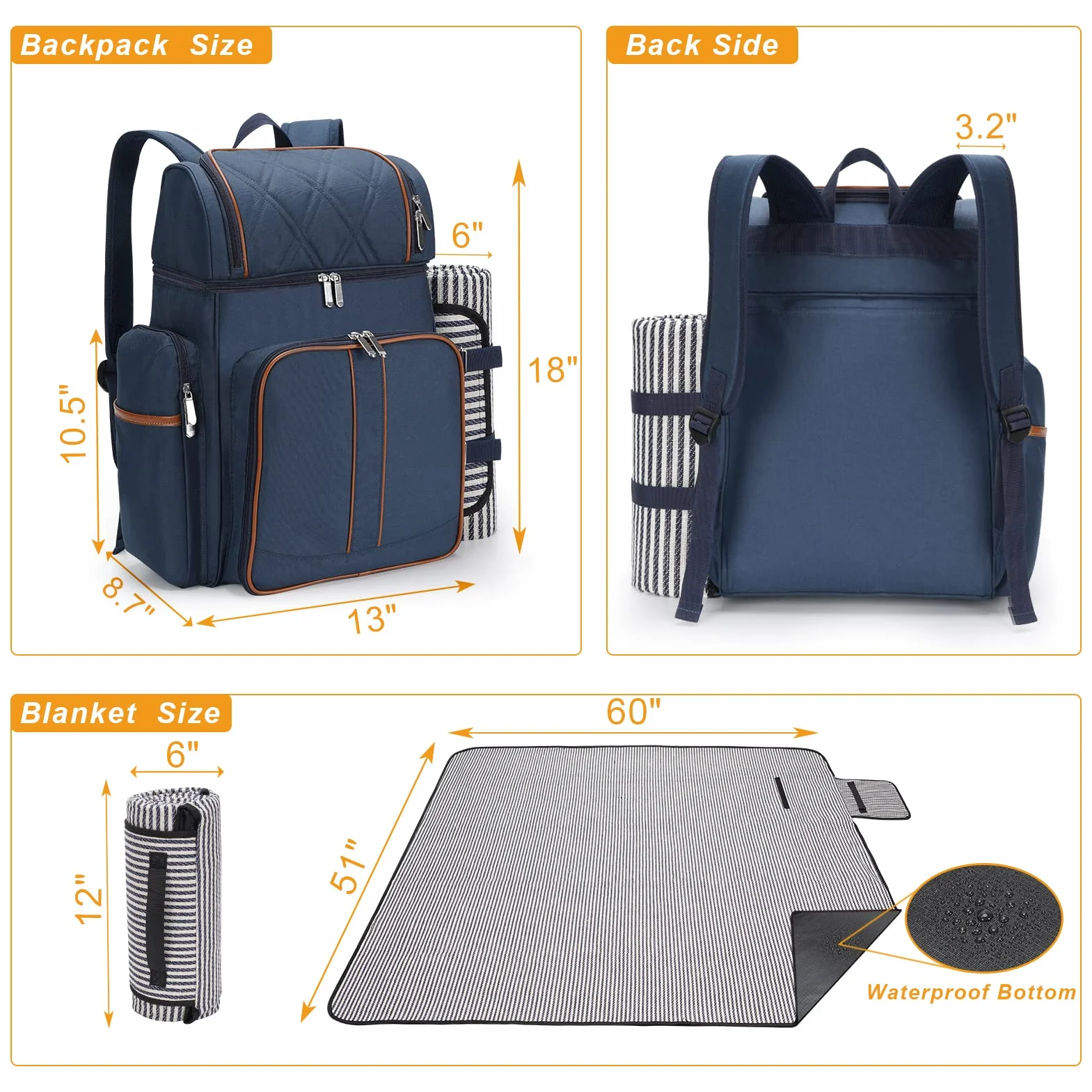 Zaino da picnic per 4, set cestini, borsa termica a prova di perdite, coperta, doppio ponte