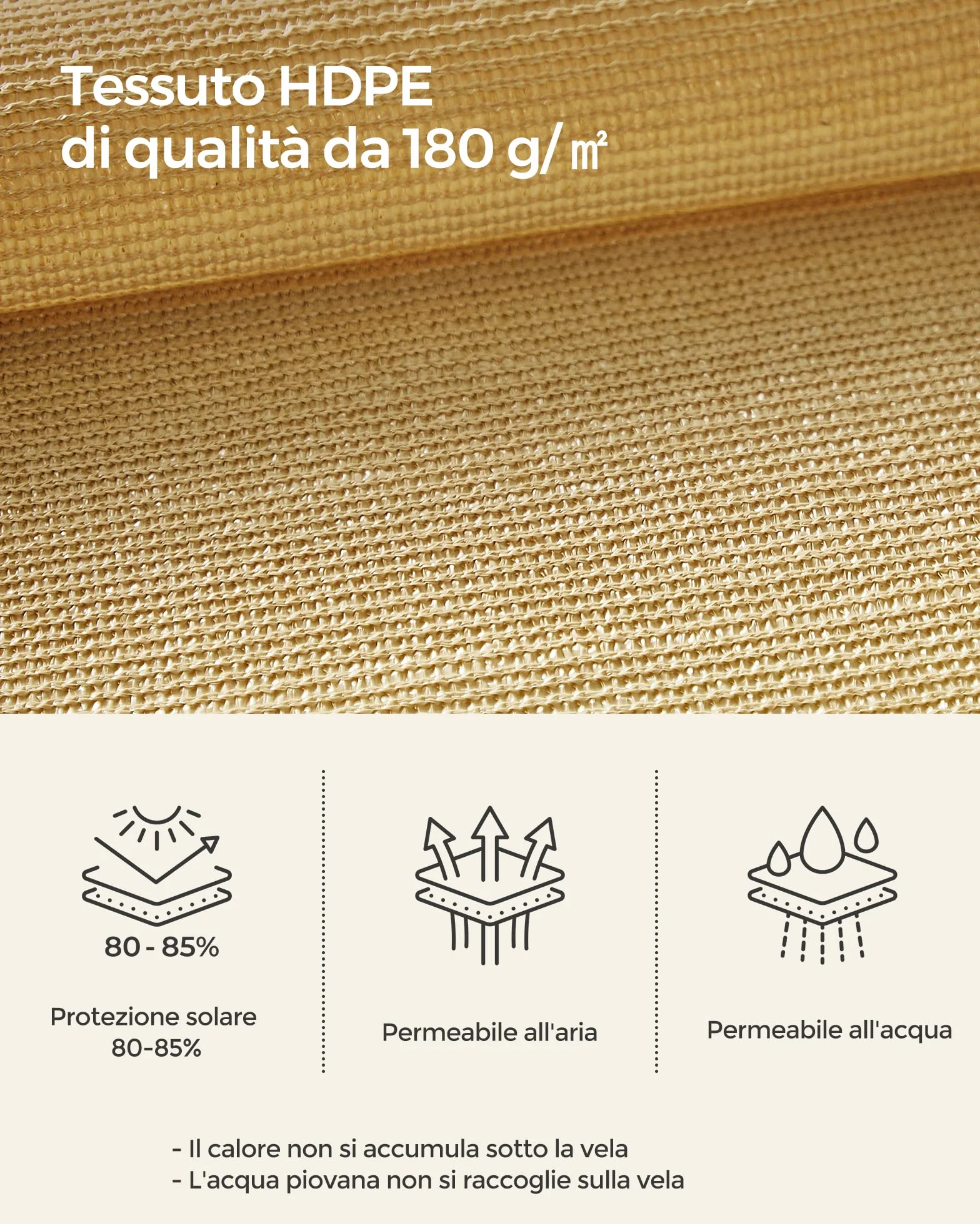 SONGMICS Vela Parasole 3 x 3 m, Tenda da Sole in Tessuto HDPE, Permeabile all'Aria e all'Acqua, Giallo Sabbia