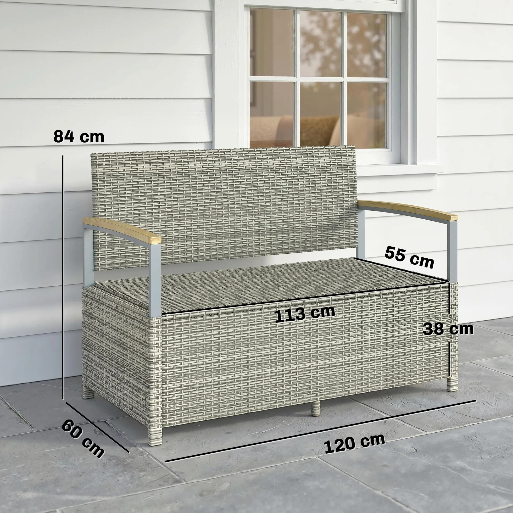 Outsunny Cassapanca Contenitore da Esterno in Rattan PE 170L, Panca Contenitore da Esterno 2 Posti con Braccioli in Legno di Acacia, Cuscino Lavabile, Fodera con Cerniera, Pistone a Gas, Grigio Chiaro